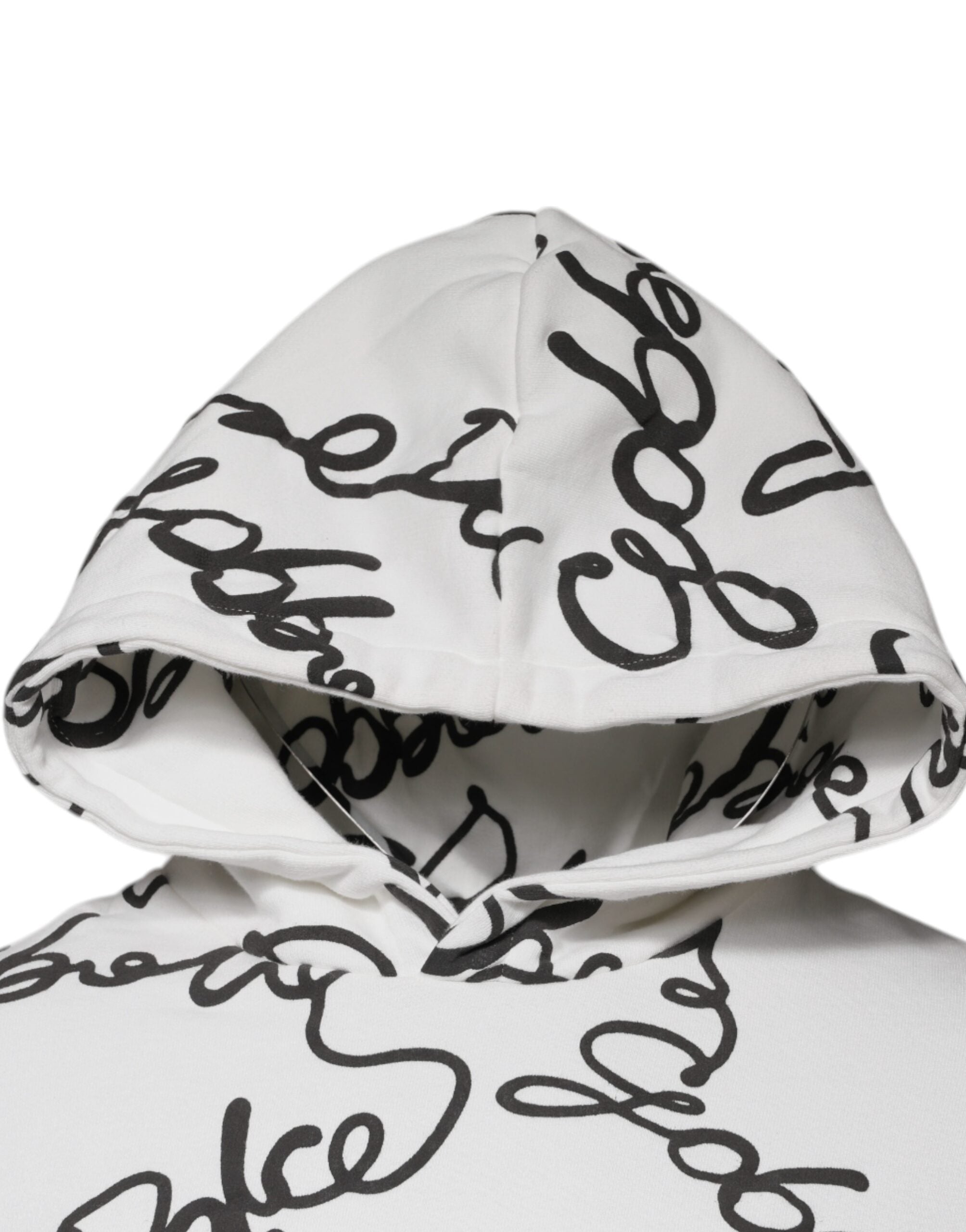 Sweat à capuche blanc Dolce & Gabbana en coton avec logo, vue de face, détails visibles du design et de la texture du tissu.