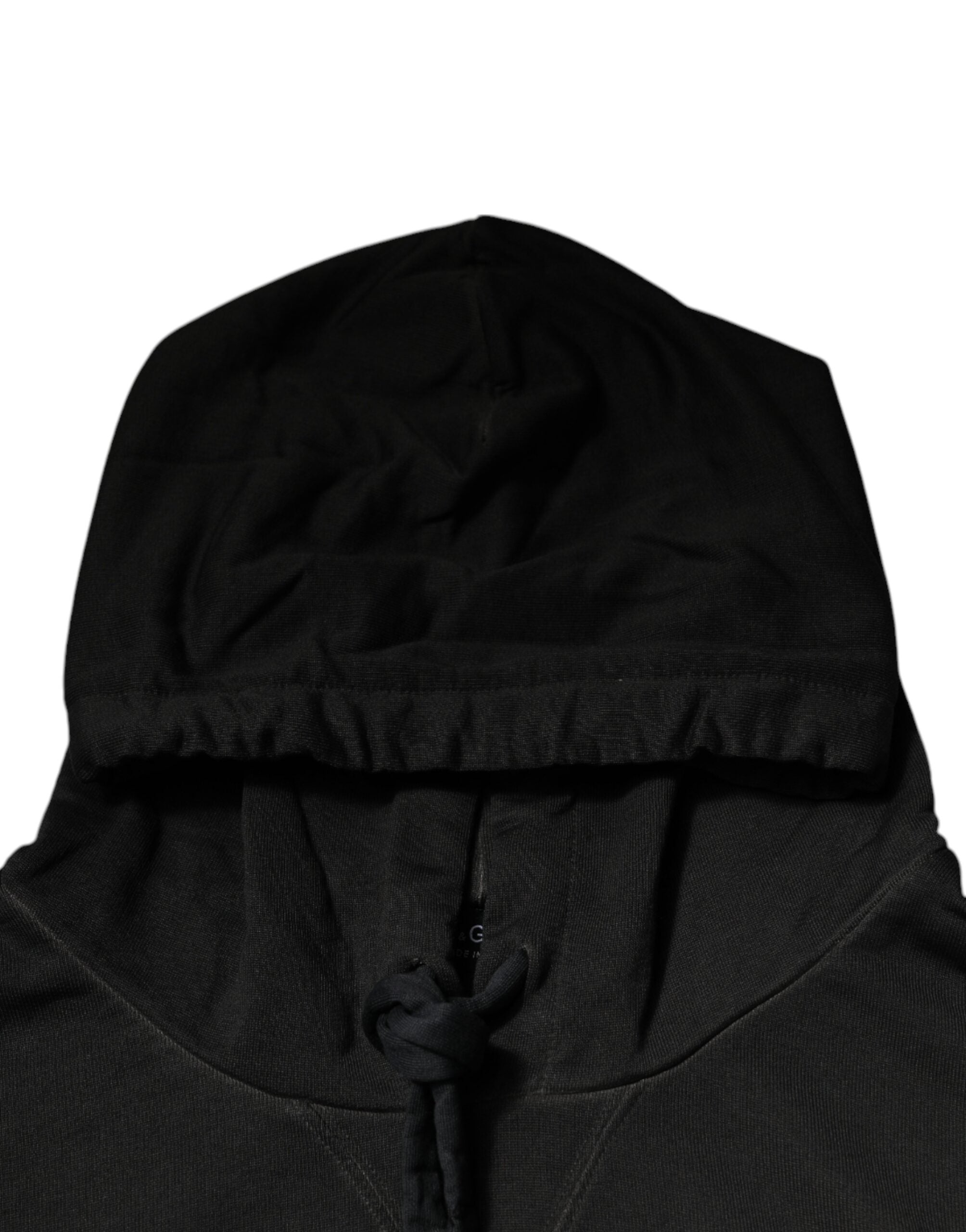 Pull à capuche noir Dolce & Gabbana en coton avec logo DG Shield, style décontracté et moderne.