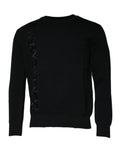 Pull noir en nylon Dolce & Gabbana avec logo sur le col, vue de face, détails du sweat-shirt à col rond.