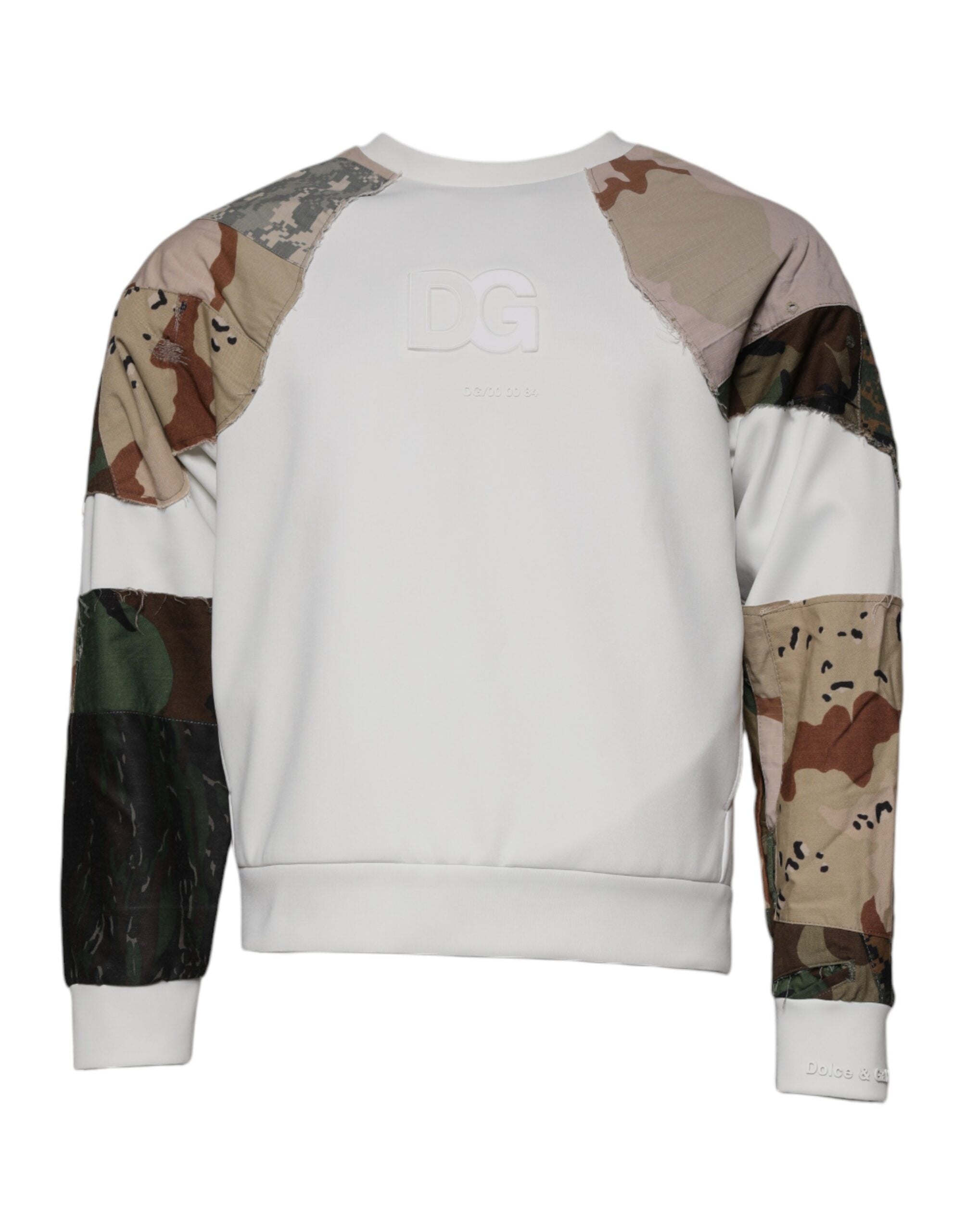 Pull à col rond Dolce & Gabbana en coton à patchworks multicolores, avec motif coloré et design moderne.