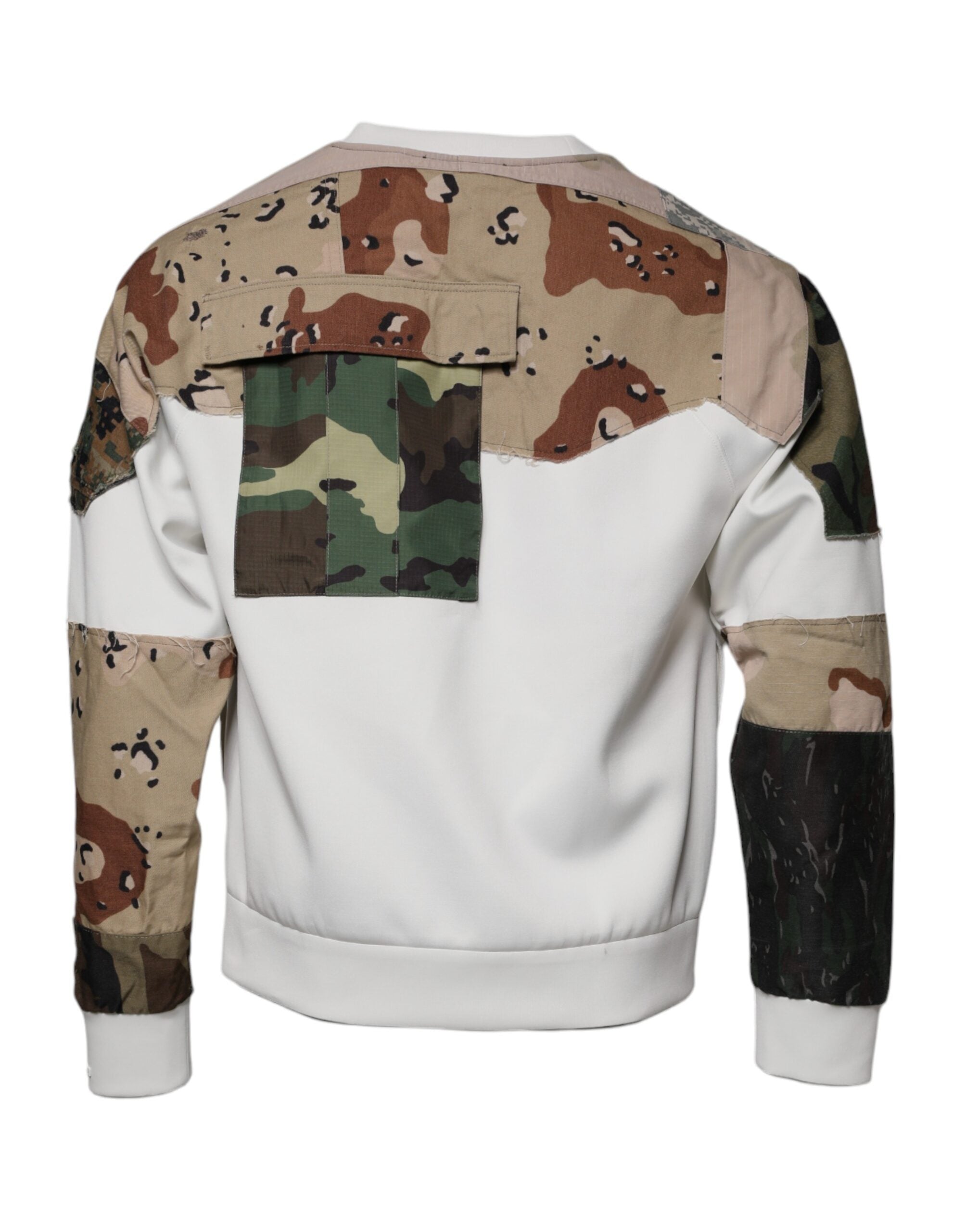 Pull à col rond Dolce & Gabbana en coton multicolore à patchwork, avec motifs colorés et design élégant.