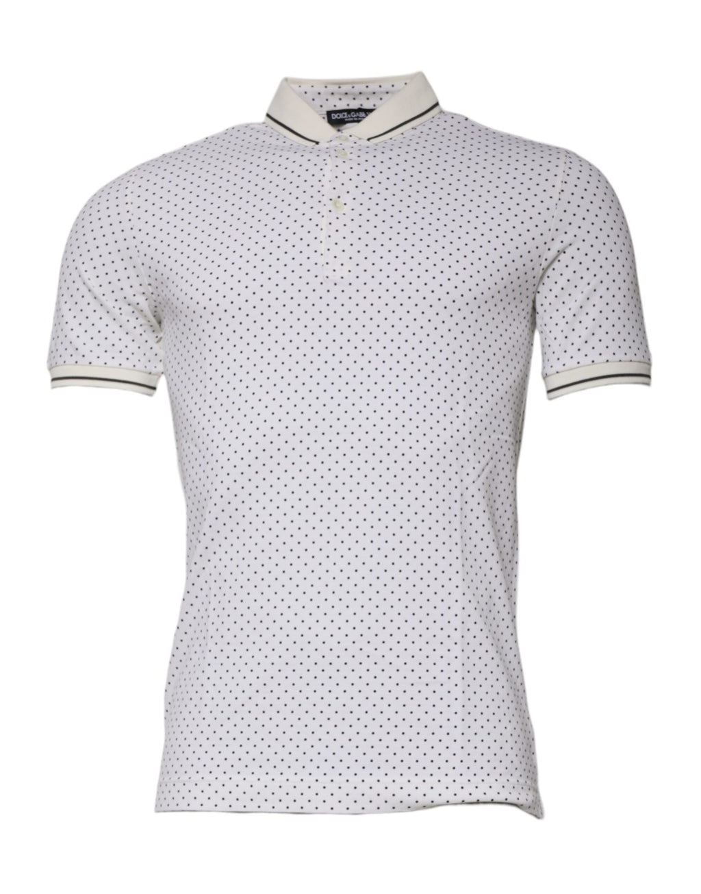T-shirt polo blanc à pois en coton Dolce & Gabbana avec col, motif à pois noir et blanc, vue frontale.