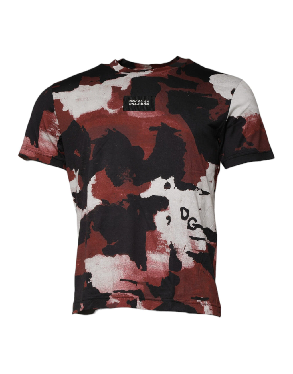T-shirt à col rond Dolce & Gabbana multicolore camouflage, design moderne et tendance, affiché sur un mannequin.