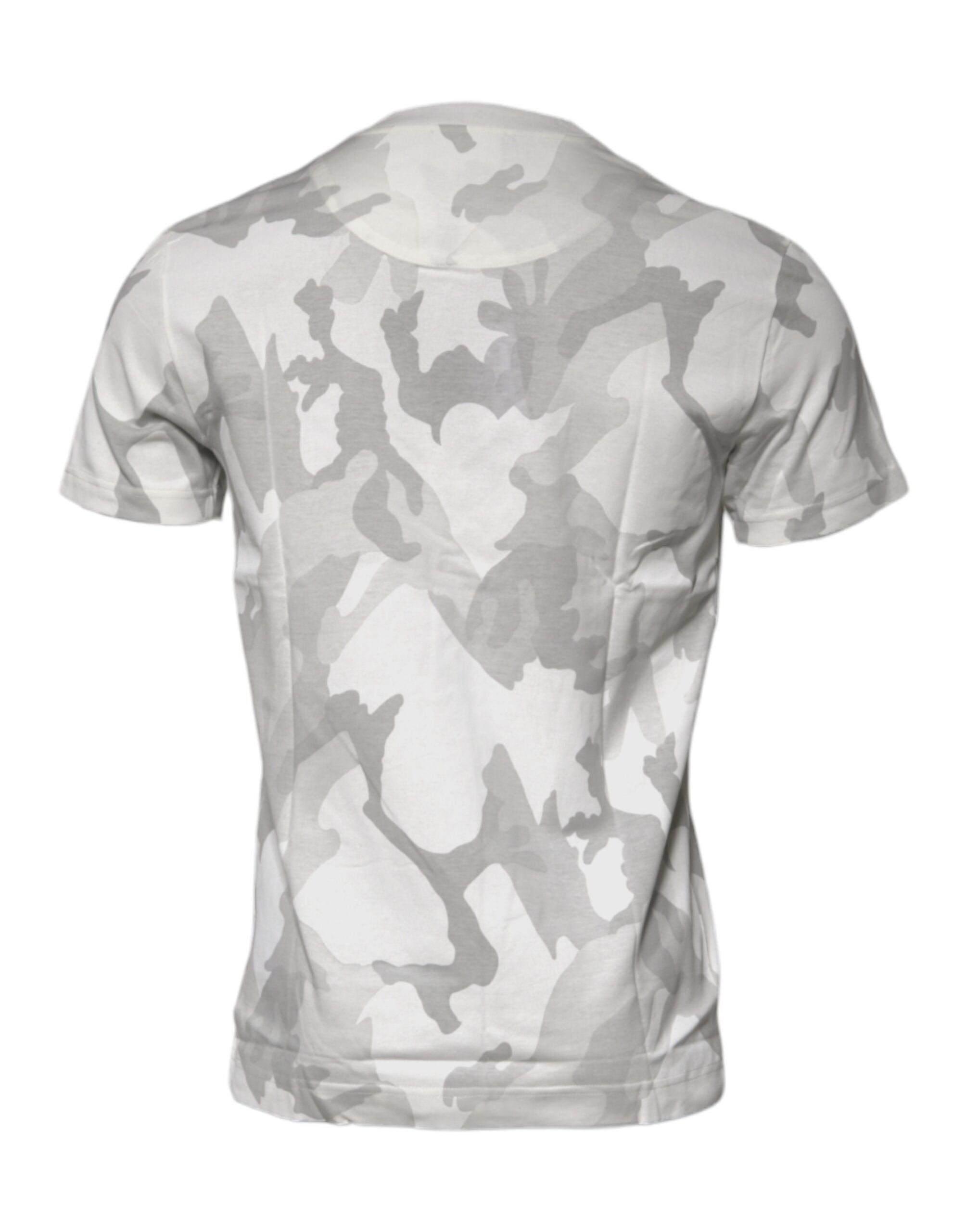 T-shirt blanc et gris camouflage en coton Dolce & Gabbana avec col rond, vue rapprochée sur le design tendance.