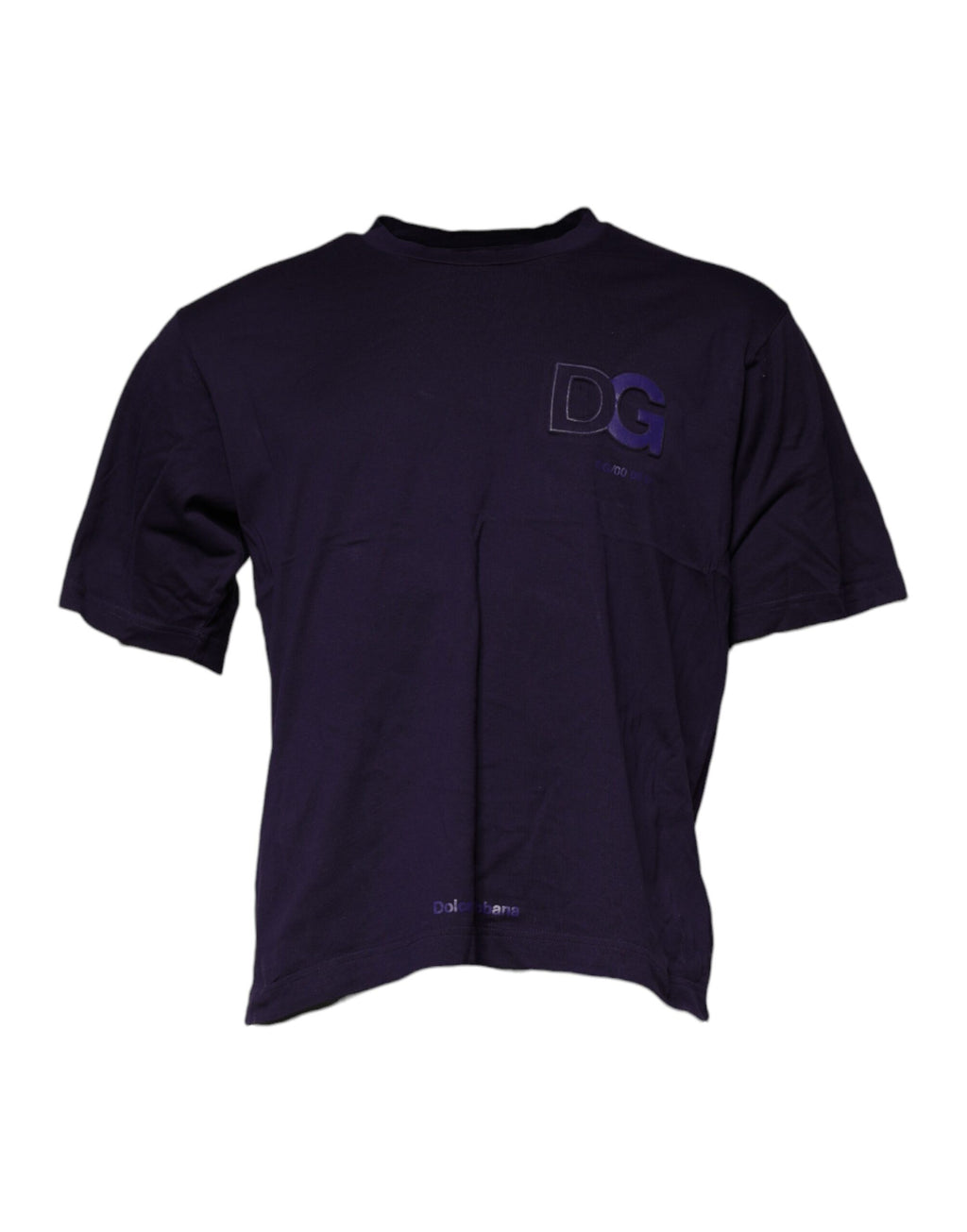 T-shirt en coton violet Dolce & Gabbana avec logo DG, col rond et coupe décontractée, visible sur l'image.