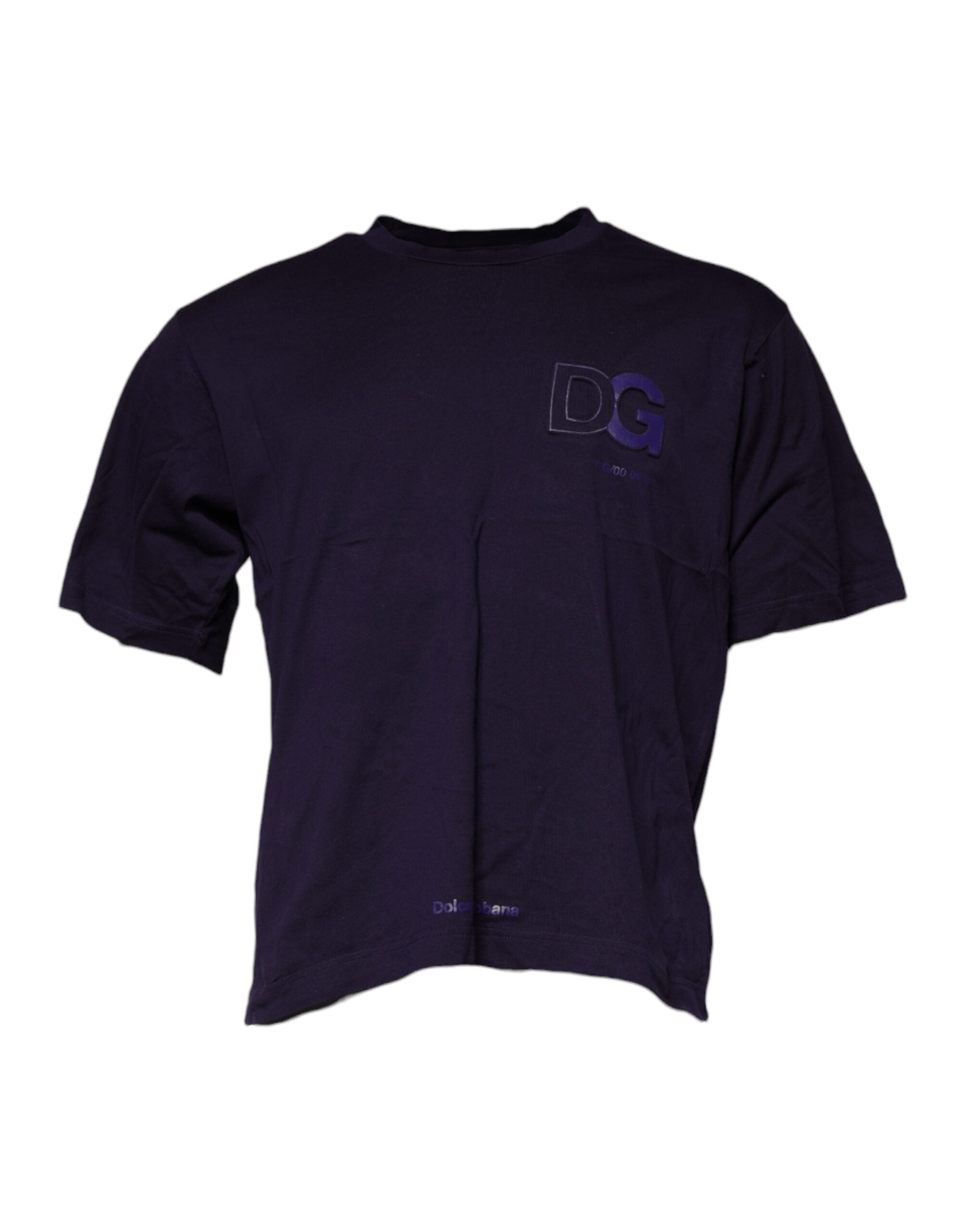 T-shirt en coton violet Dolce & Gabbana avec logo DG, col rond et coupe décontractée, visible sur l'image.