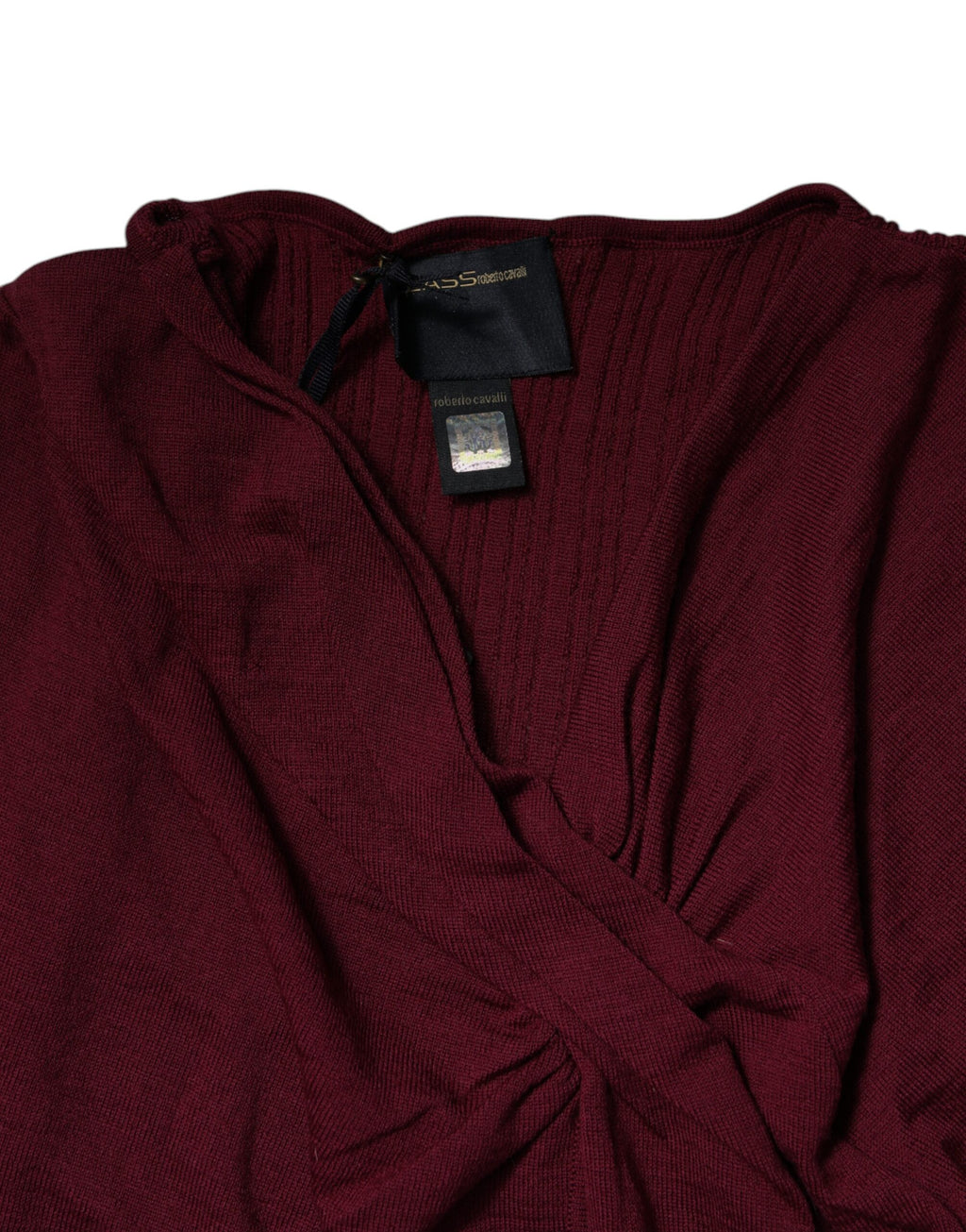 Pull en tricot bordeaux Roberto Cavalli avec décolleté en clé de voûte, pull-over élégant pour femme.