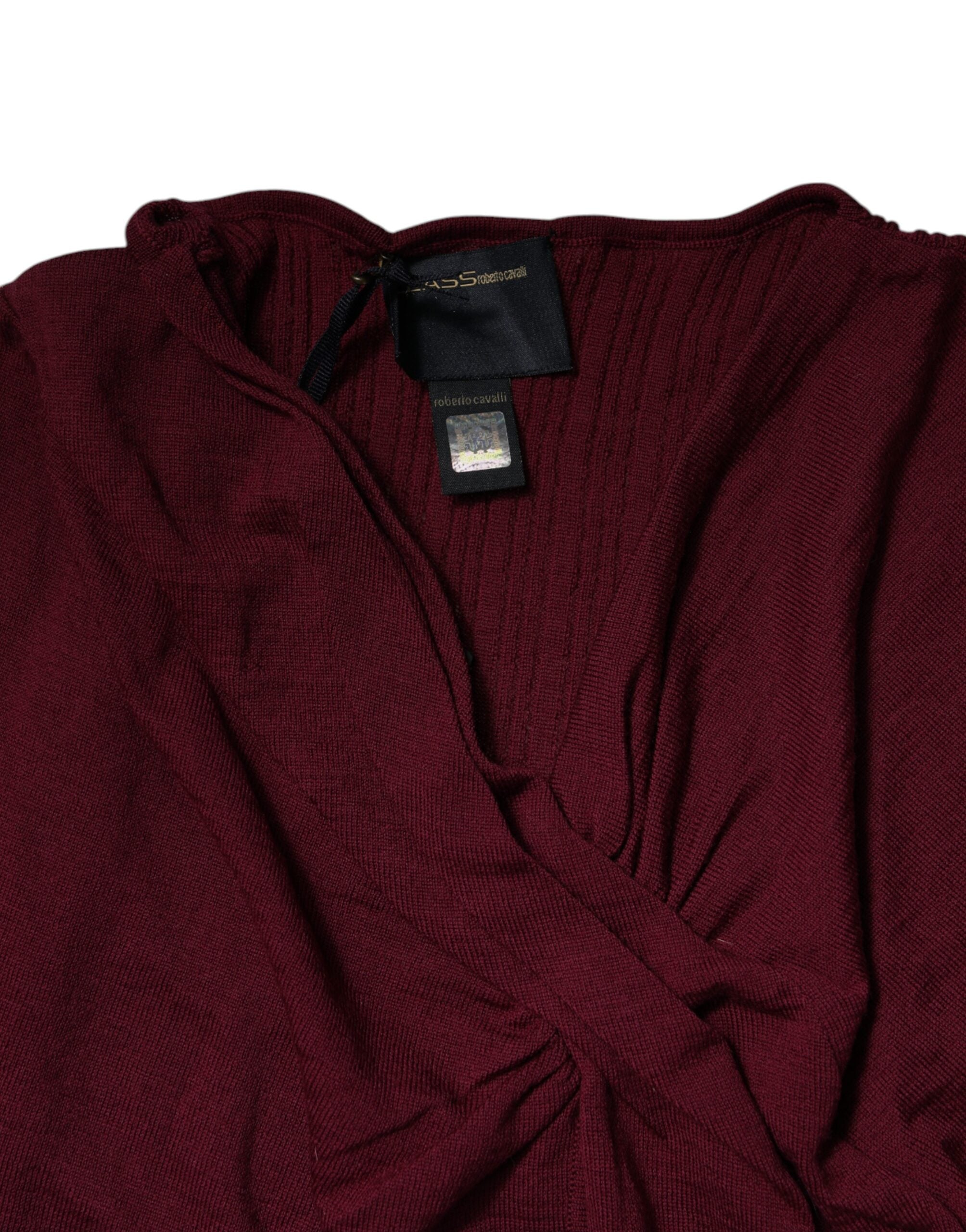 Pull en tricot bordeaux Roberto Cavalli avec décolleté en clé de voûte, pull-over élégant pour femme.