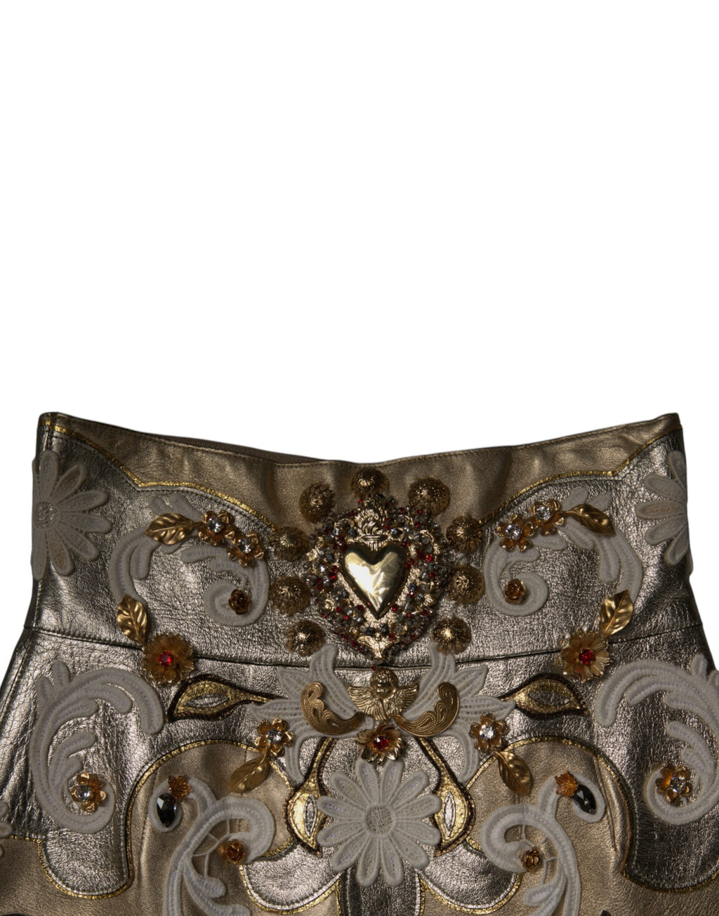 Jupe courte en jacquard doré Dolce & Gabbana avec embellissements et coupe évasée, vue de face.