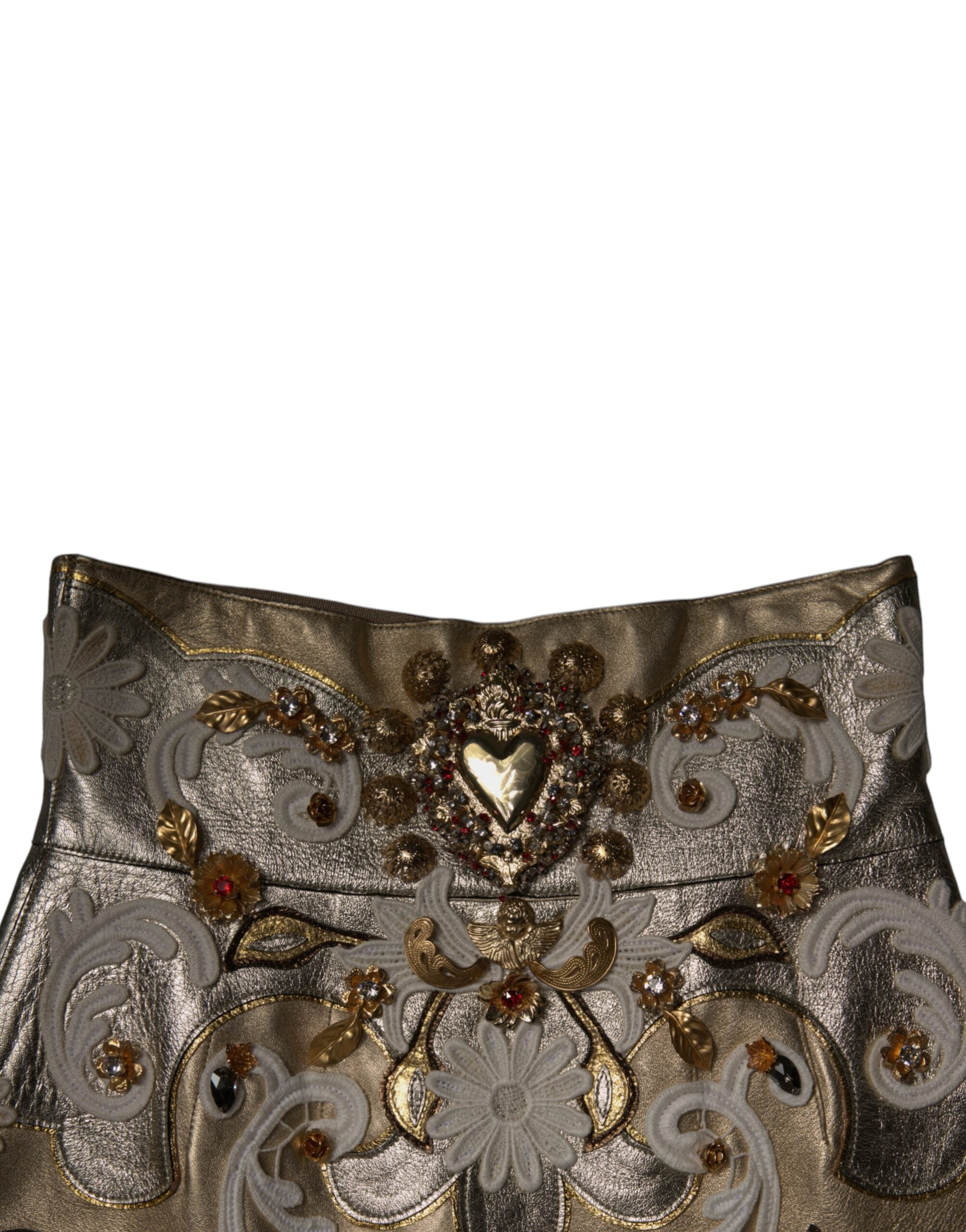 Jupe courte en jacquard doré Dolce & Gabbana avec embellissements et coupe évasée, vue de face.