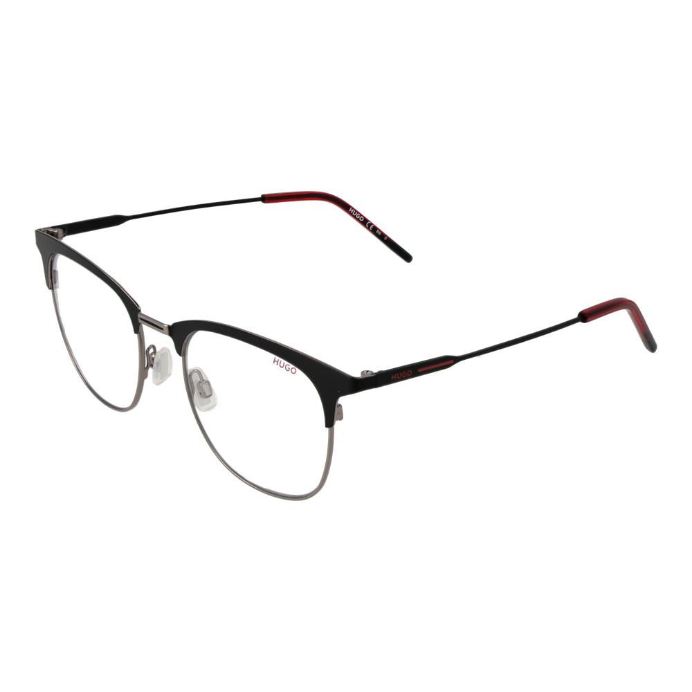 Lunettes en acier inoxydable noir de Hugo Boss, monture élégante pour homme, visible dans l’image.