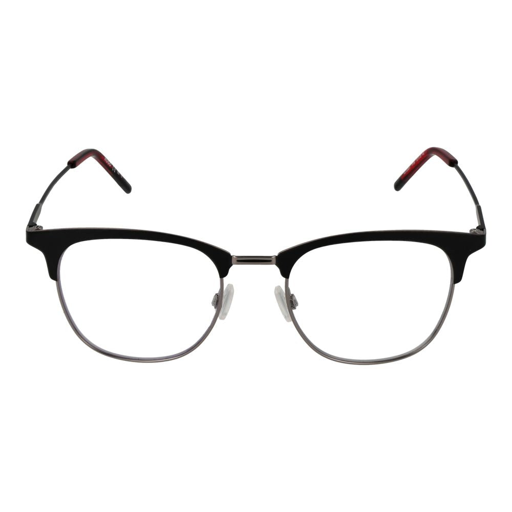 Lunettes Hugo Boss en acier inoxydable noir avec monture élégante et moderne, vues de face sur un fond blanc.