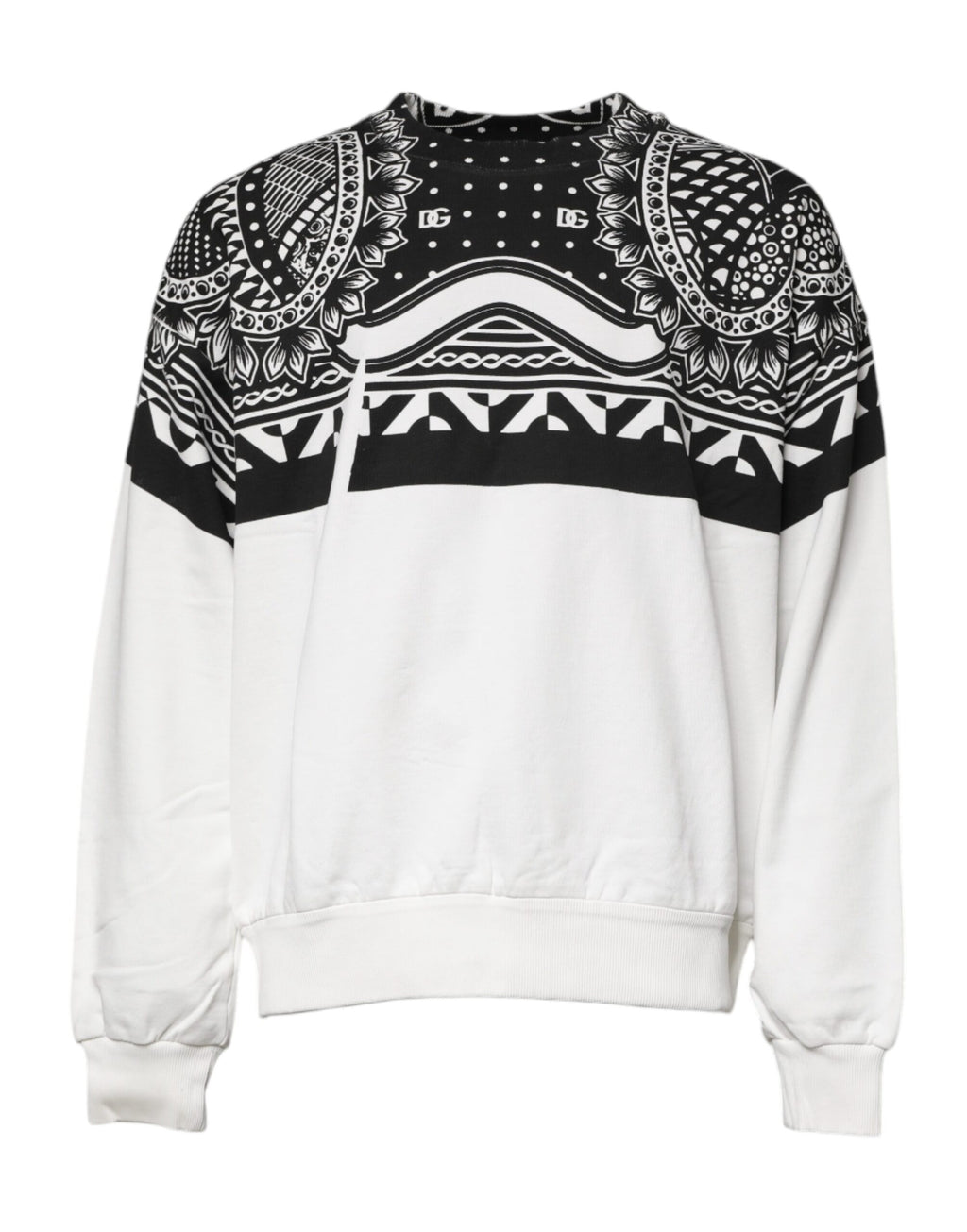 Sweatshirt en coton imprimé blanc et noir de Dolce & Gabbana, pull décontracté avec motif floral.