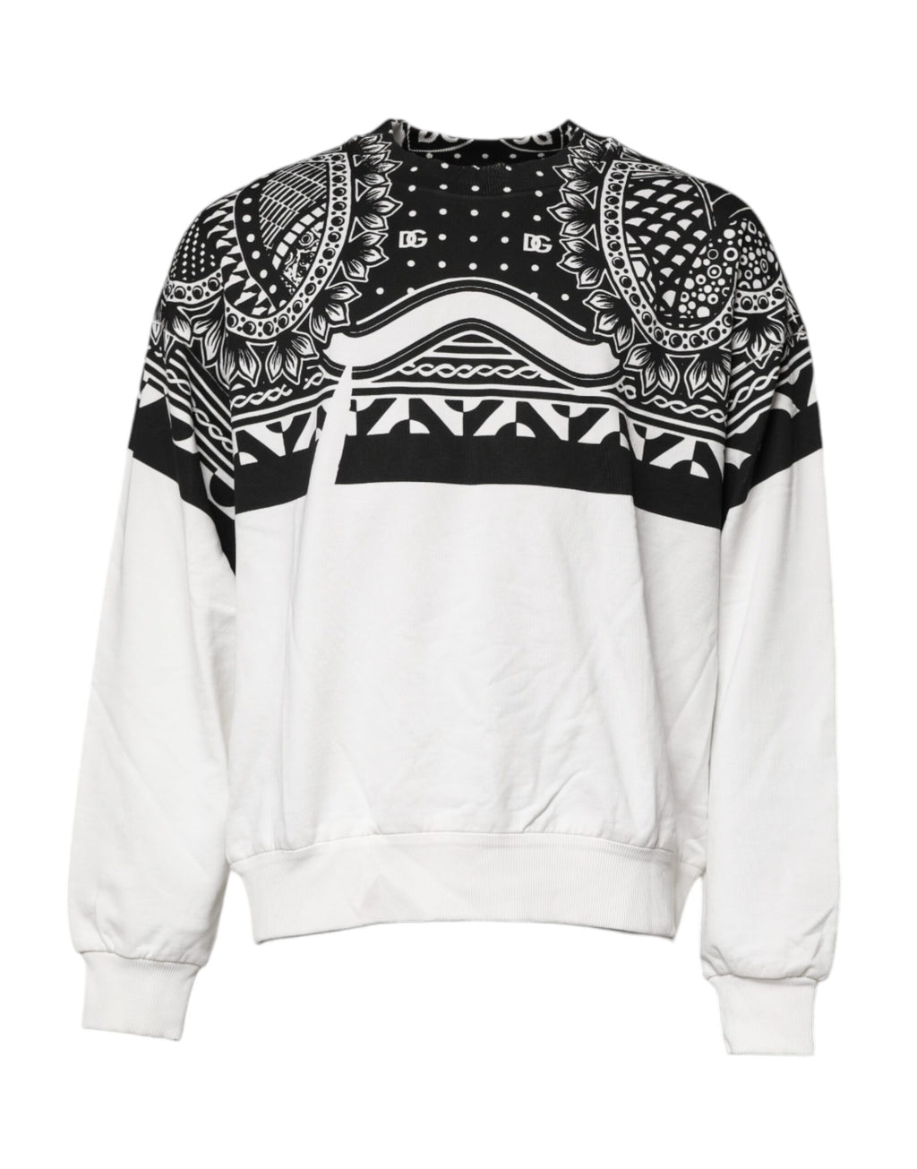 Sweat-shirt blanc et noir à imprimé en coton Dolce & Gabbana, pull décontracté avec design graphique, vue de face.