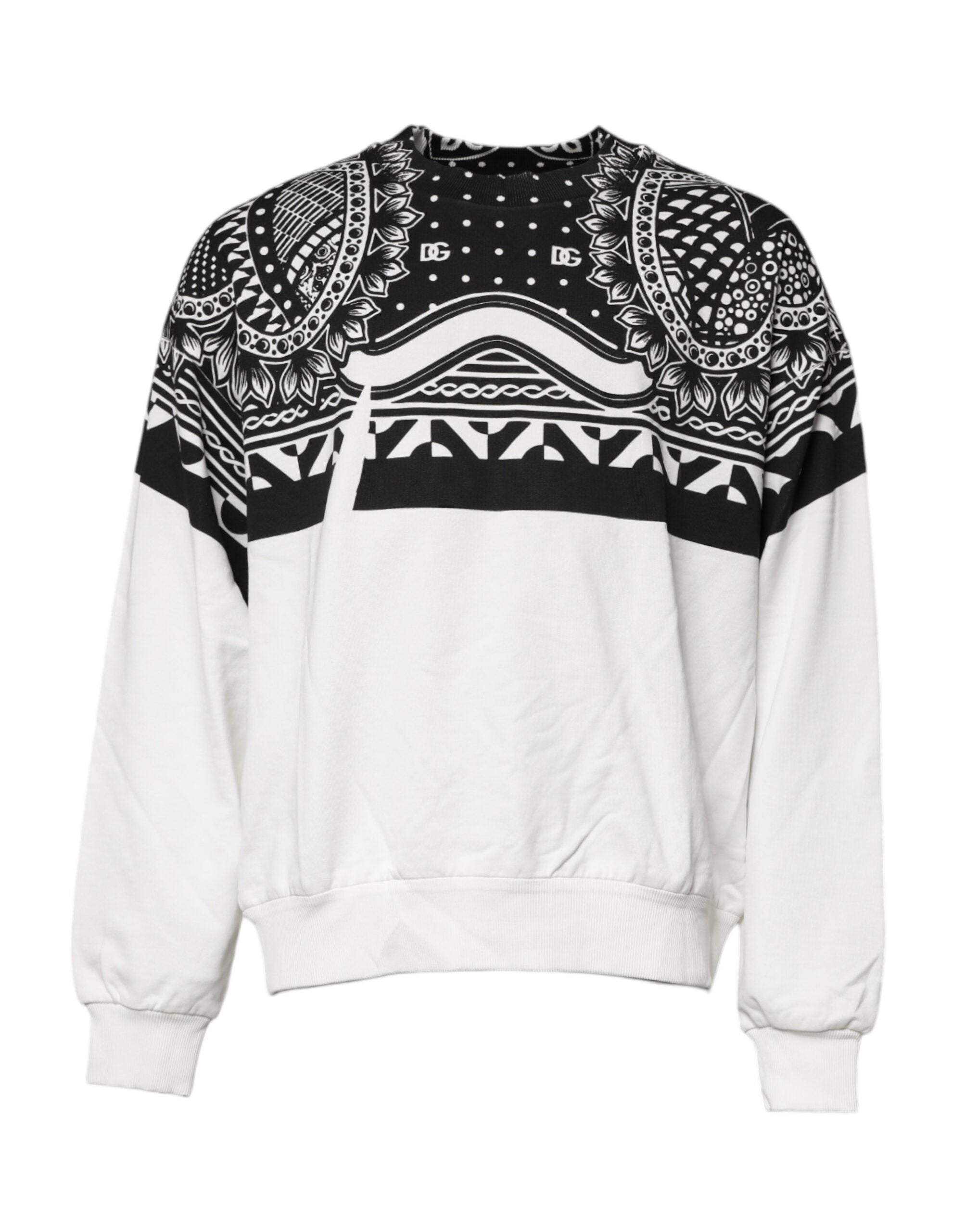 Sweatshirt en coton blanc et noir à imprimé de Dolce & Gabbana, pull décontracté avec motif élégant.