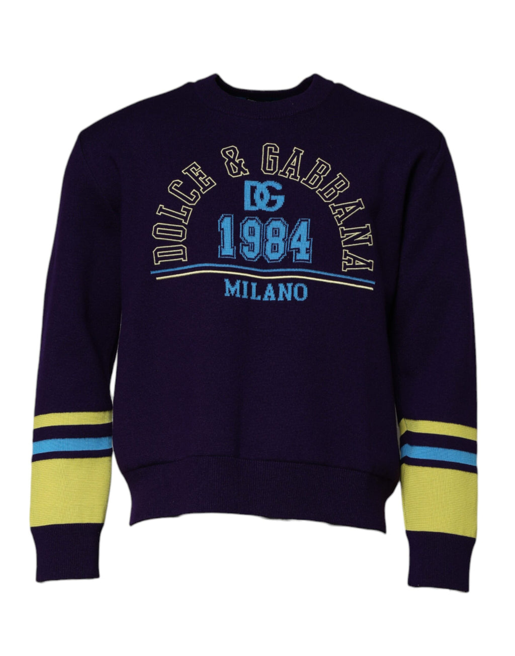 Sweatshirt à col rond Dolce & Gabbana Blue 1984 Milano, pull en coton bleu avec logo sur la poitrine, vue de face.