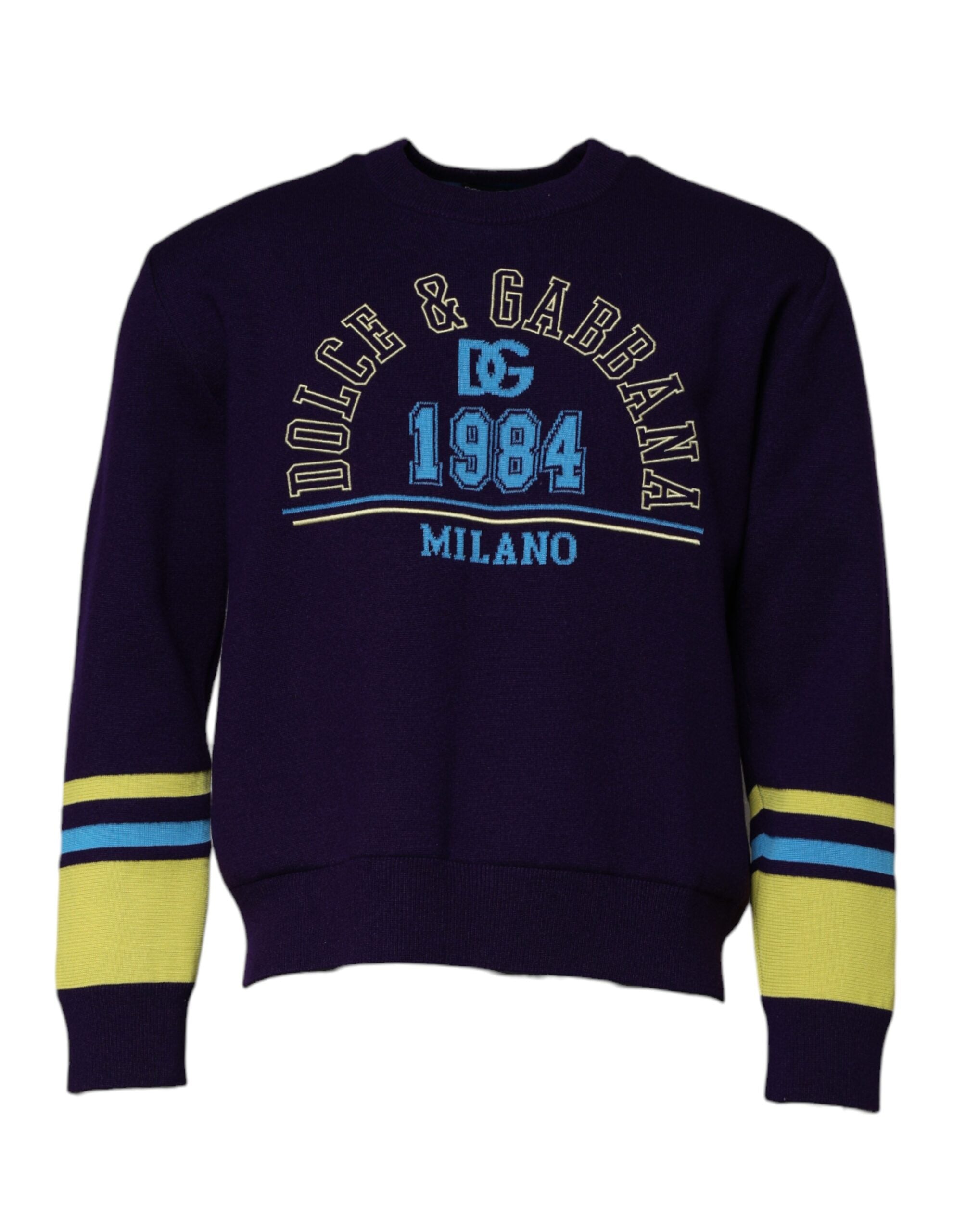 Sweatshirt à col rond Dolce & Gabbana Blue 1984 Milano, pull en coton bleu avec logo sur la poitrine, vue de face.