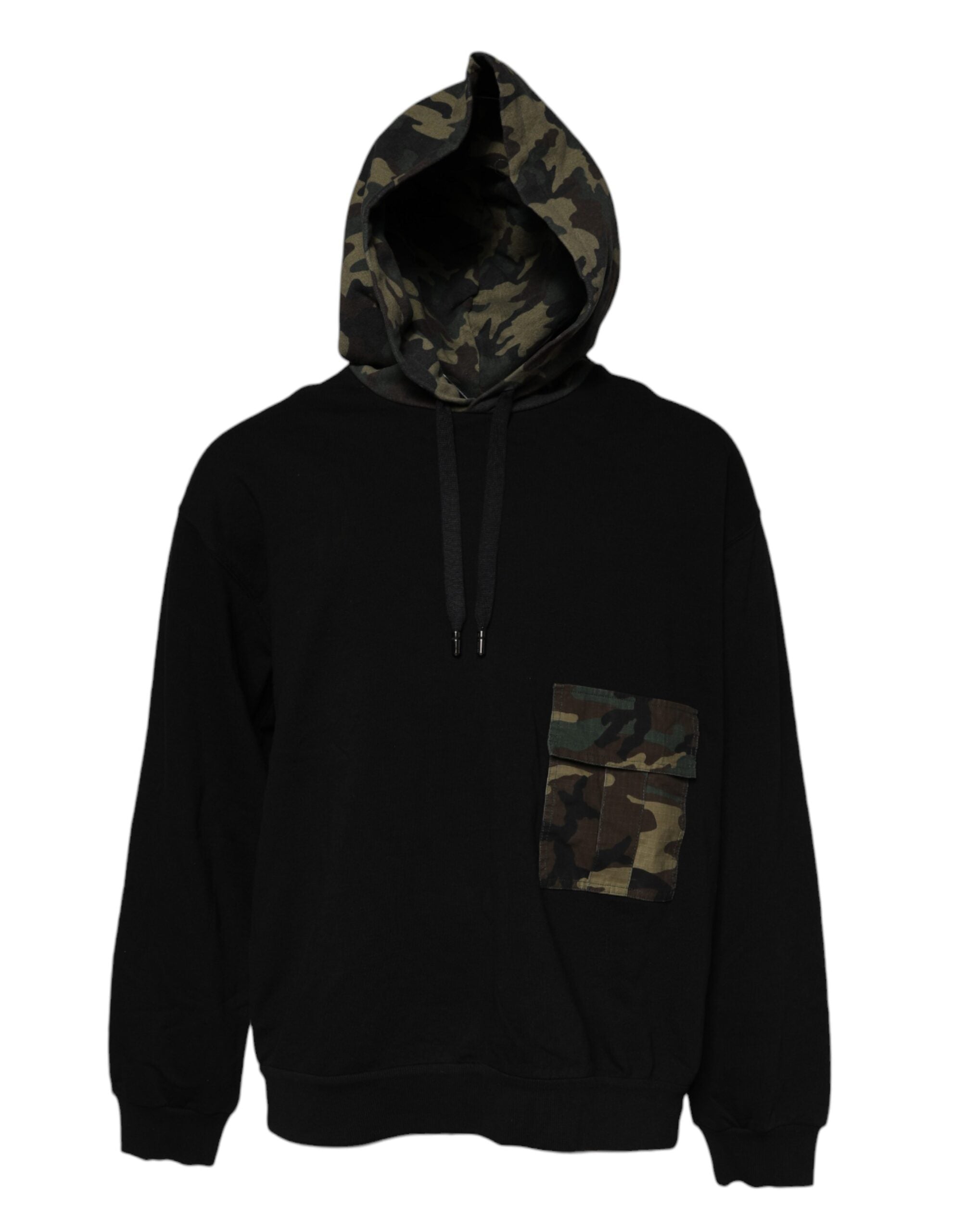 Sweat à capuche noir camouflage de Dolce & Gabbana, pull en coton avec logo, porté sur mannequin.