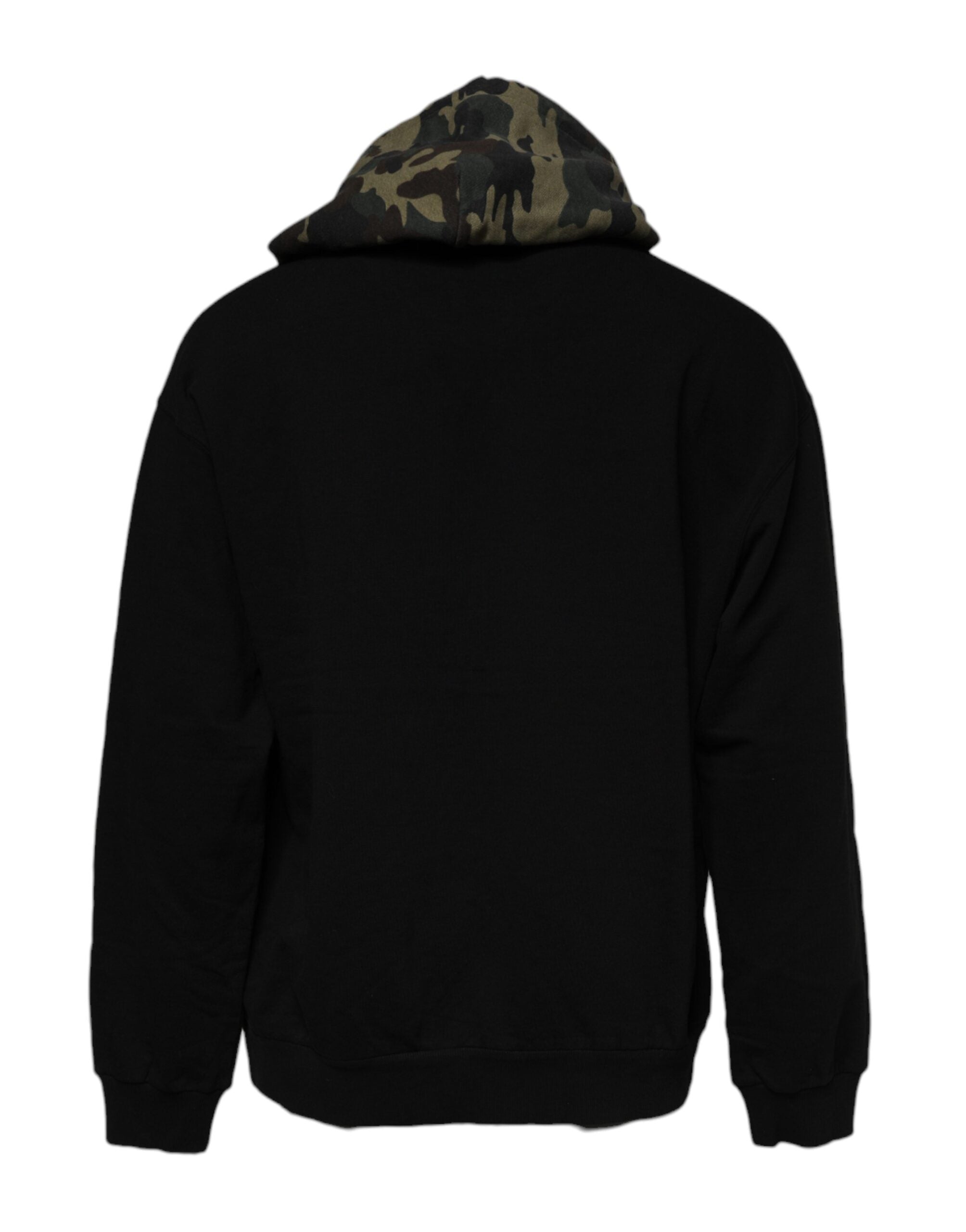 Sweat à capuche noir à camouflage Dolce & Gabbana, pull en coton avec logo visible, style décontracté et tendance.