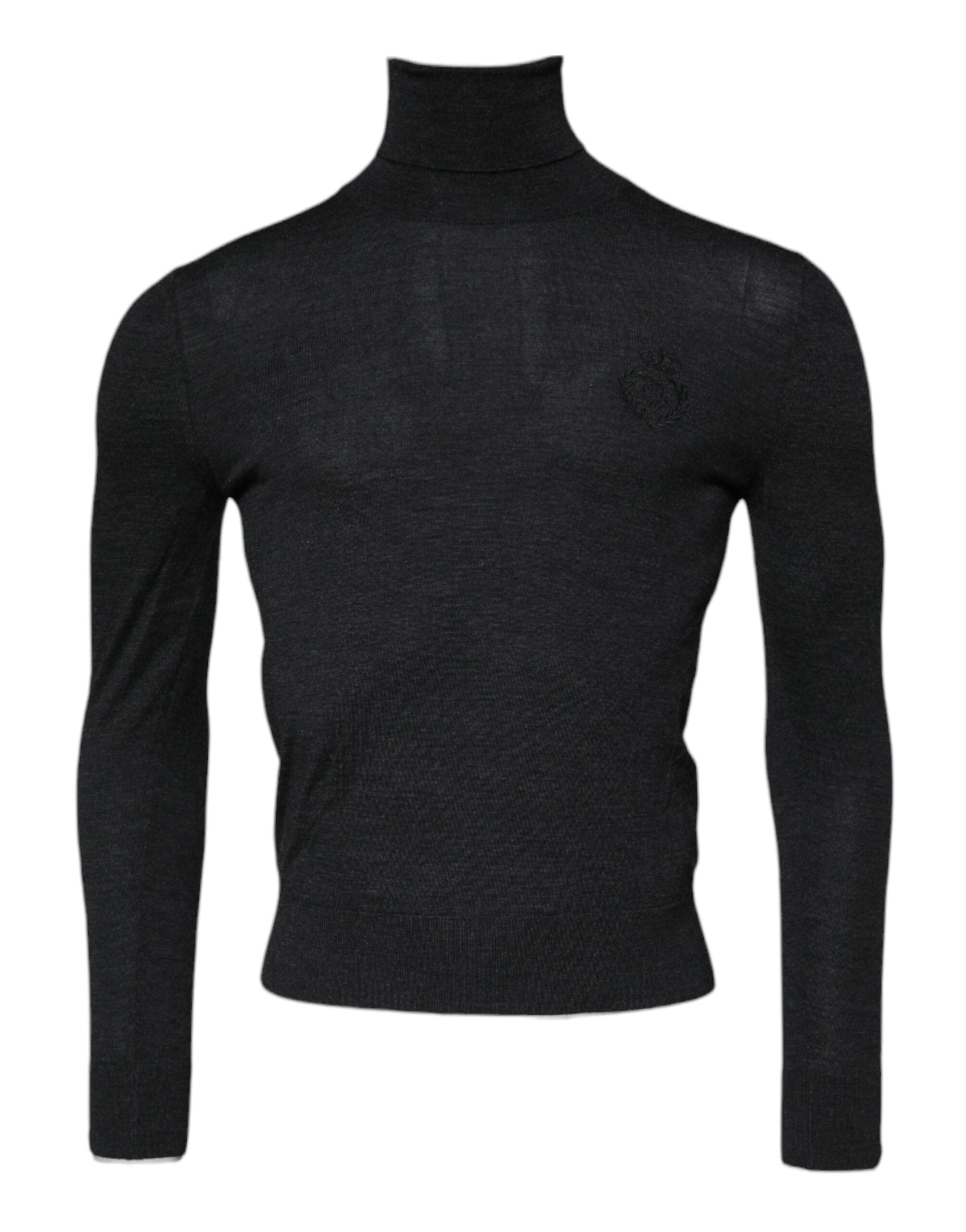 Pull en laine noir Dolce & Gabbana à col roulé, coupe ajustée, détails élégants et texture douce visible sur le pull.