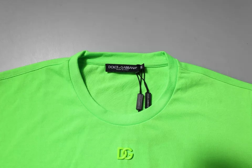 T-shirt en polyester vert avec logo Dolce & Gabbana à col rond, style décontracté et moderne.