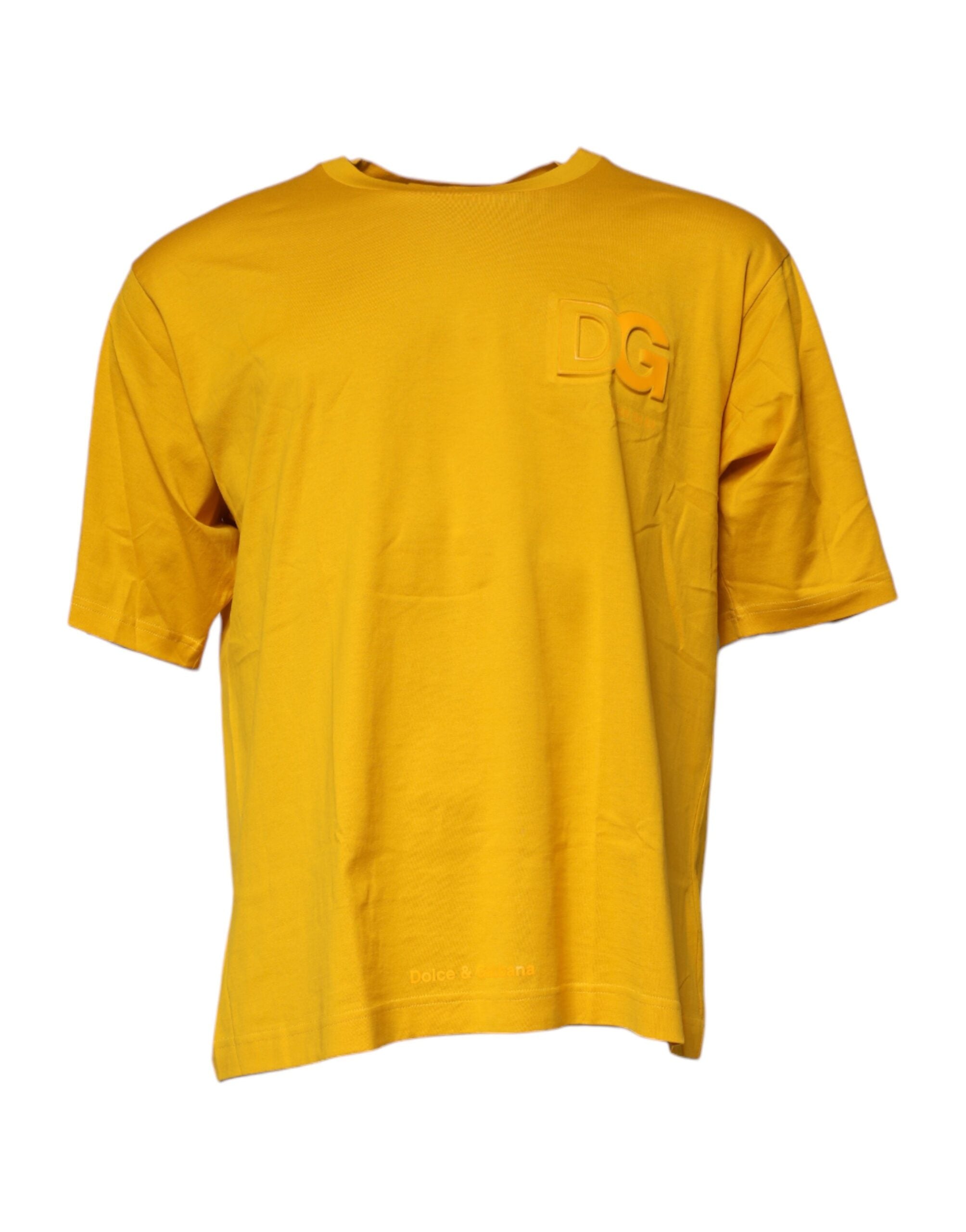T-shirt homme en coton jaune foncé avec logo Dolce & Gabbana à col rond, style décontracté.