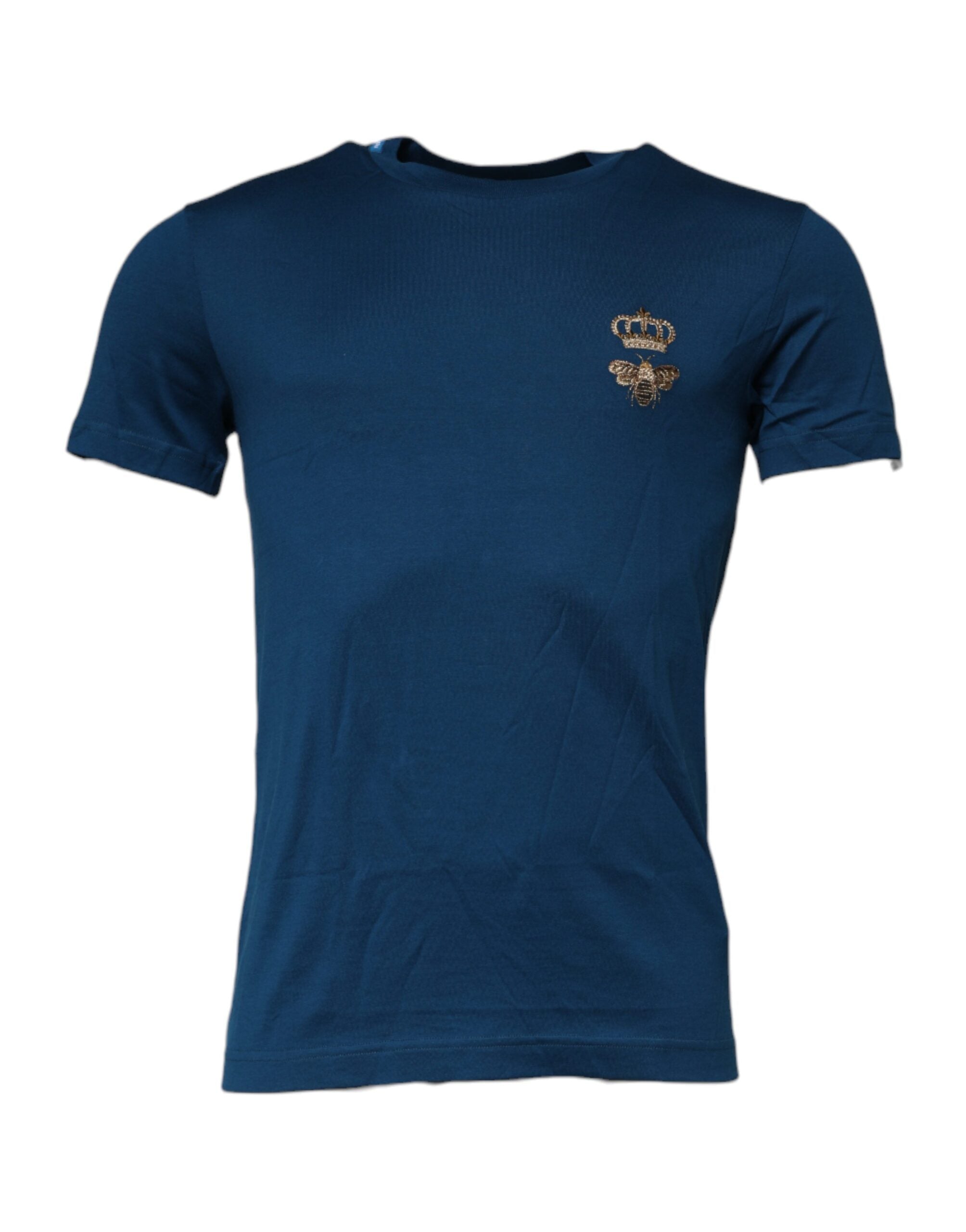 T-shirt homme Dolce & Gabbana en coton bleu avec motif de couronne et abeille, col ras du cou, vue de face.