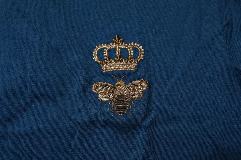 T-shirt homme en coton Dolce & Gabbana, col rond, motif abeille et couronne bleues, style décontracté.
