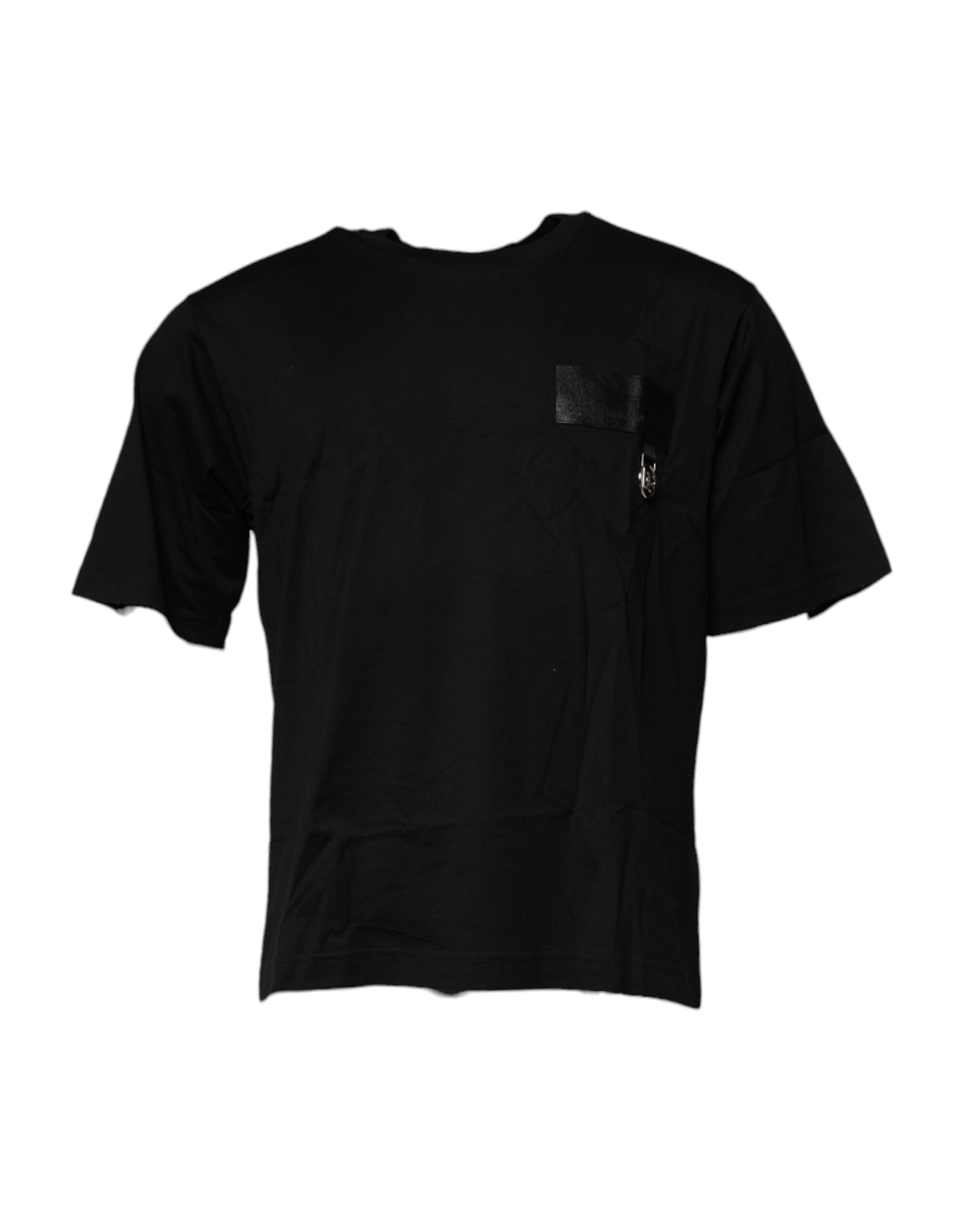 T-shirt à col rond en coton noir Dolce & Gabbana avec patch logo, vue de face, détails du design et logo visible.