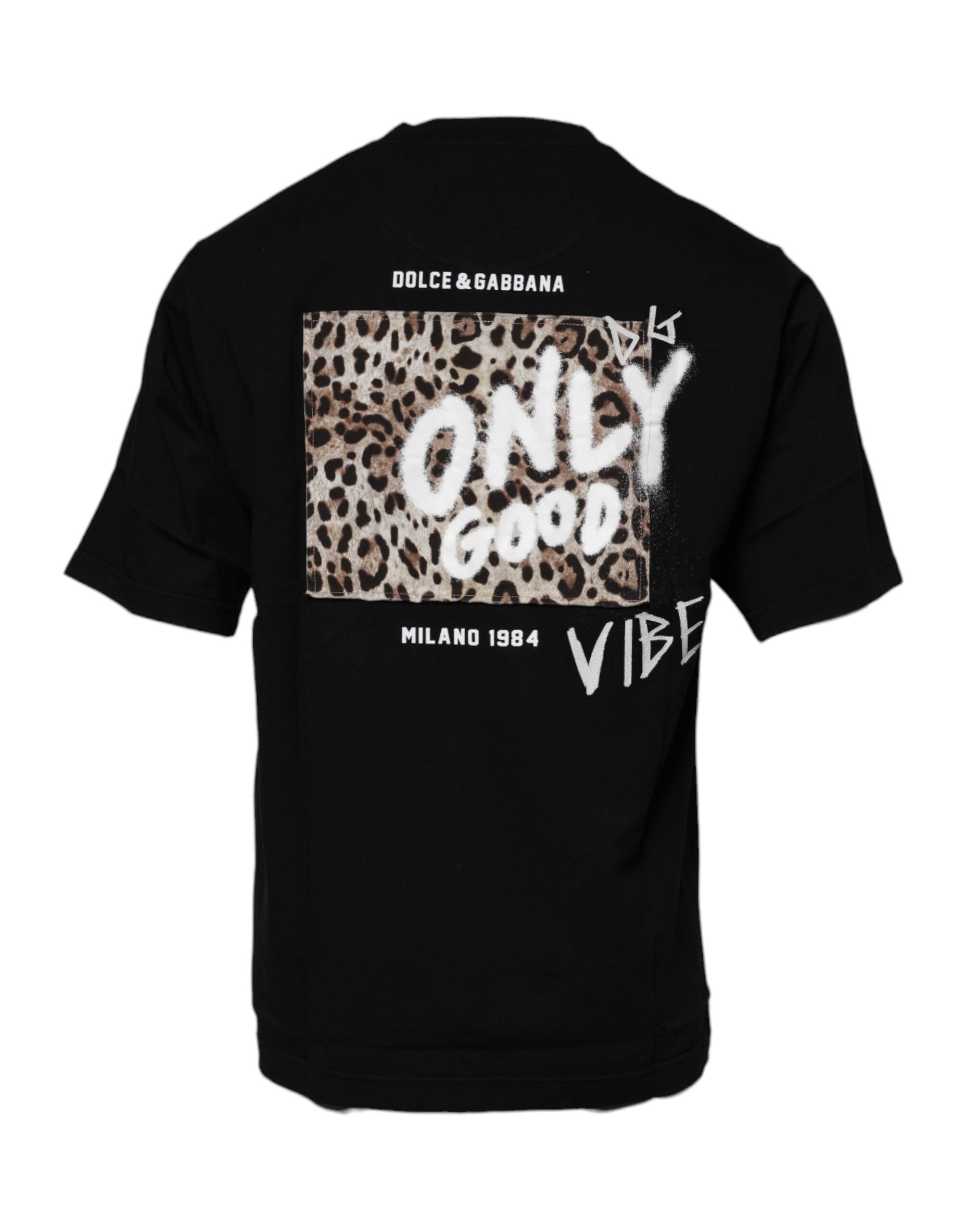 T-shirt noir Dolce & Gabbana Amore Leopard en coton à col rond, motif léopard élégant visible sur l'image.