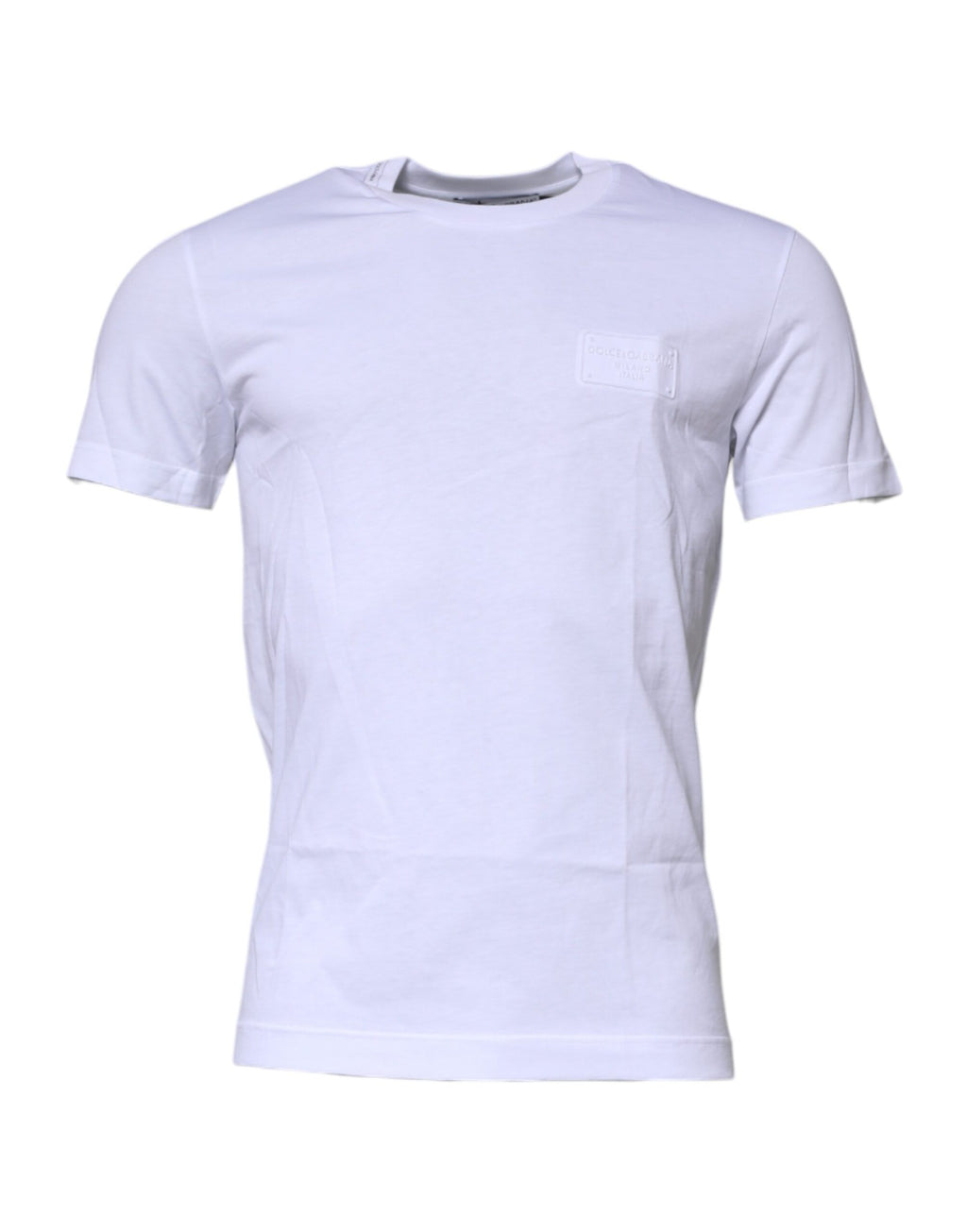 T-shirt en coton blanc Dolce & Gabbana avec logo en plaque sur la poitrine, col ras du cou, vue de face.