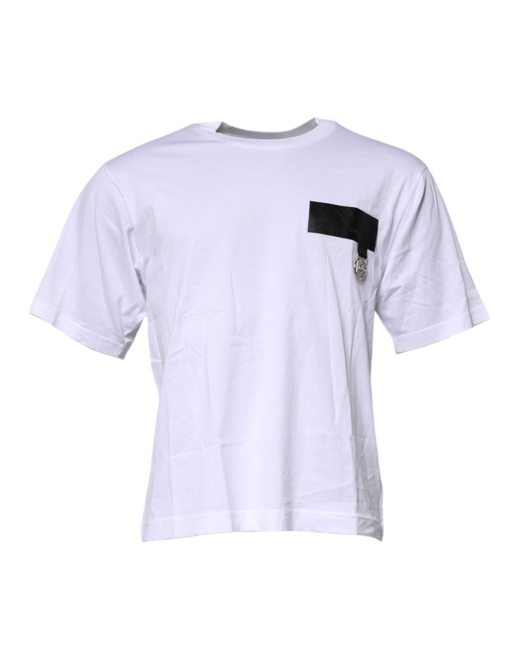 T-shirt blanc Dolce & Gabbana en coton avec logo brodé, col rond et motif patch visible sur l'image.