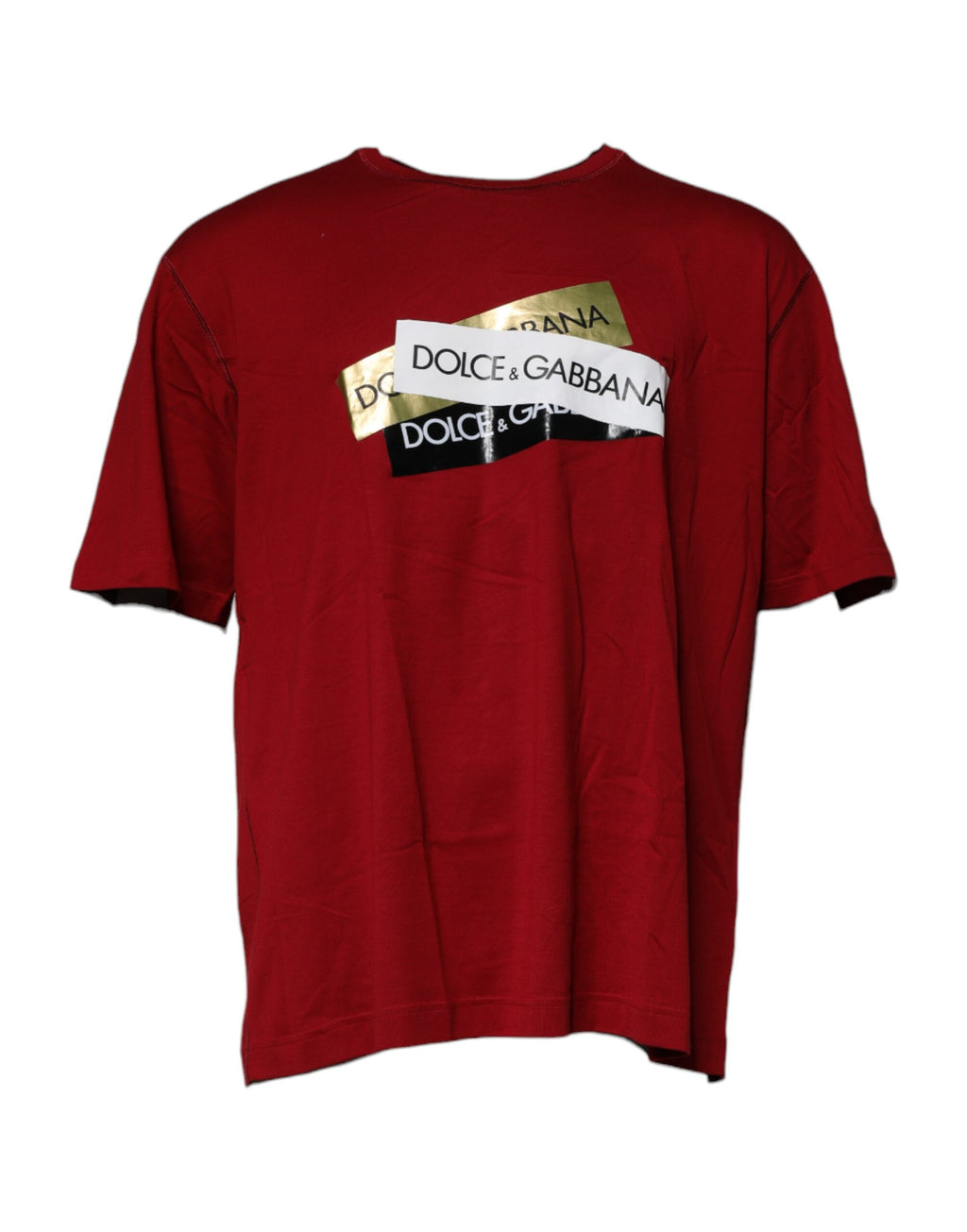 T-shirt en coton à col rond Dolce & Gabbana avec bande logo rouge et design épuré, vue de face.