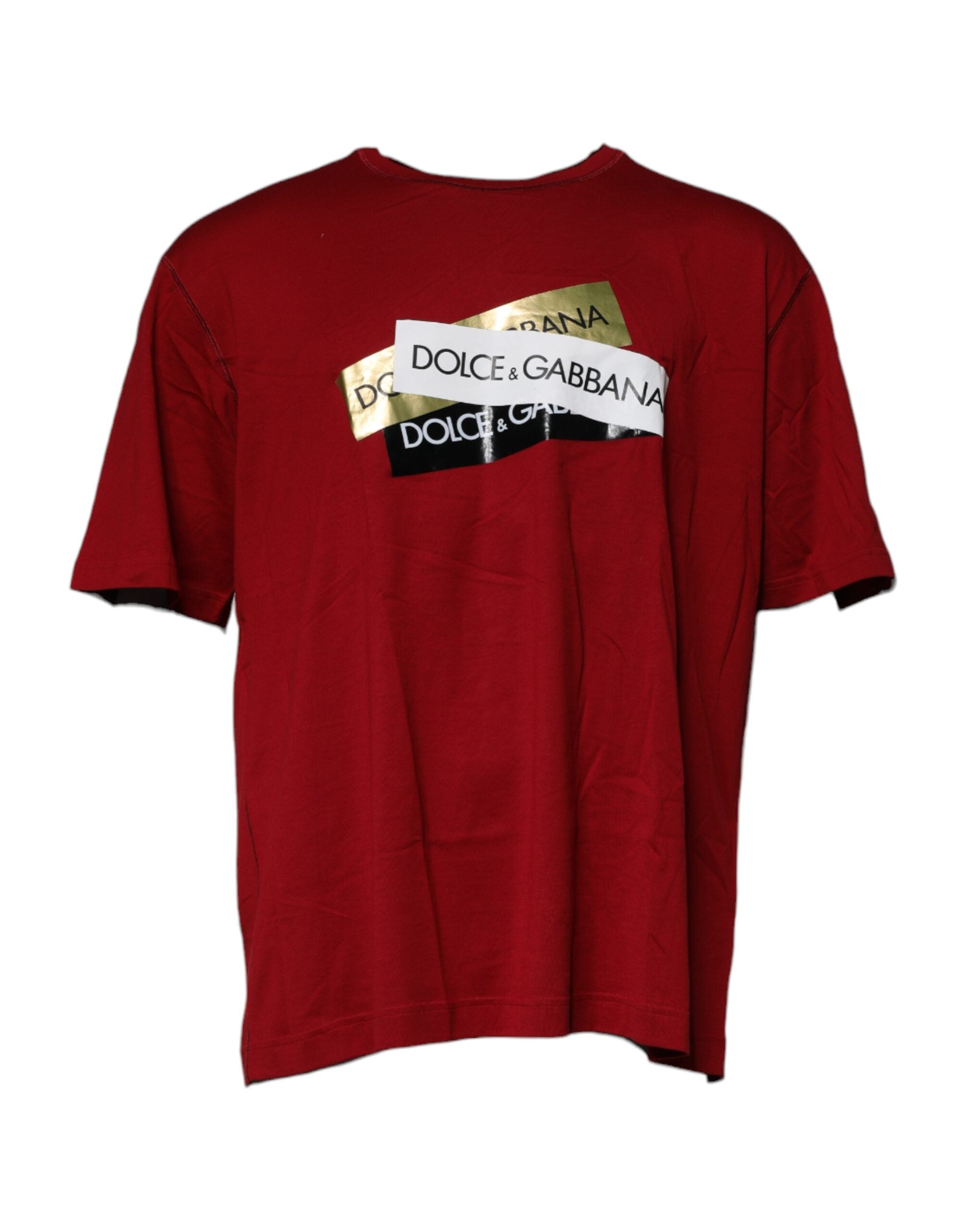 T-shirt en coton à col rond Dolce & Gabbana avec bande logo rouge et design épuré, vue de face.