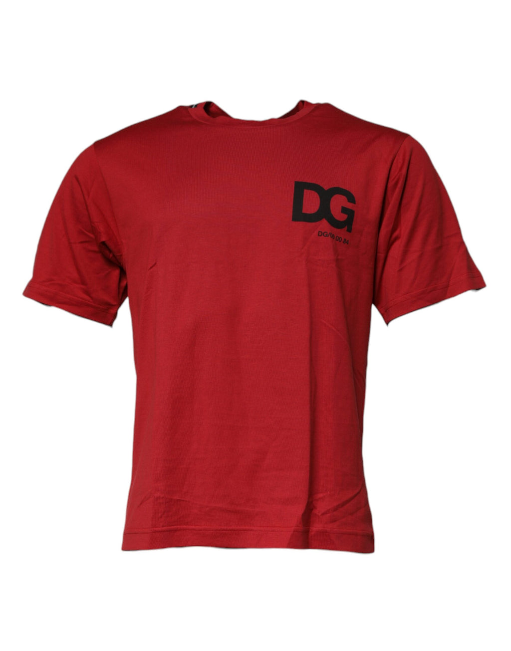 T-shirt en coton rouge Dolce & Gabbana avec logo DG sur le devant, col rond, vue de face.