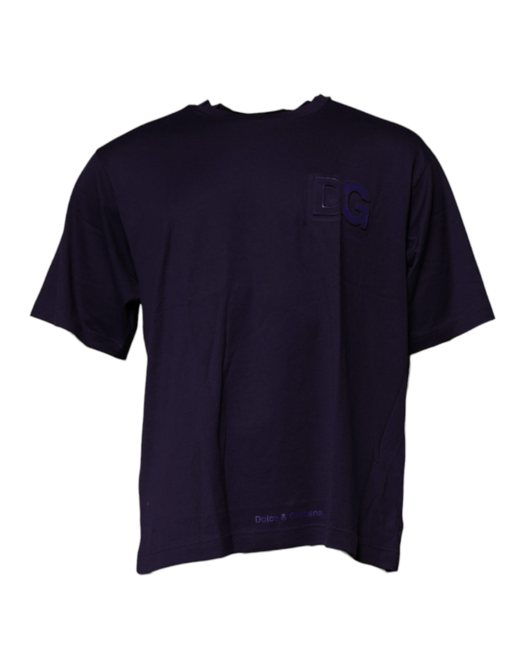 T-shirt en coton bleu marine Dolce & Gabbana avec logo DG, col rond, style décontracté, visible sur un mannequin.