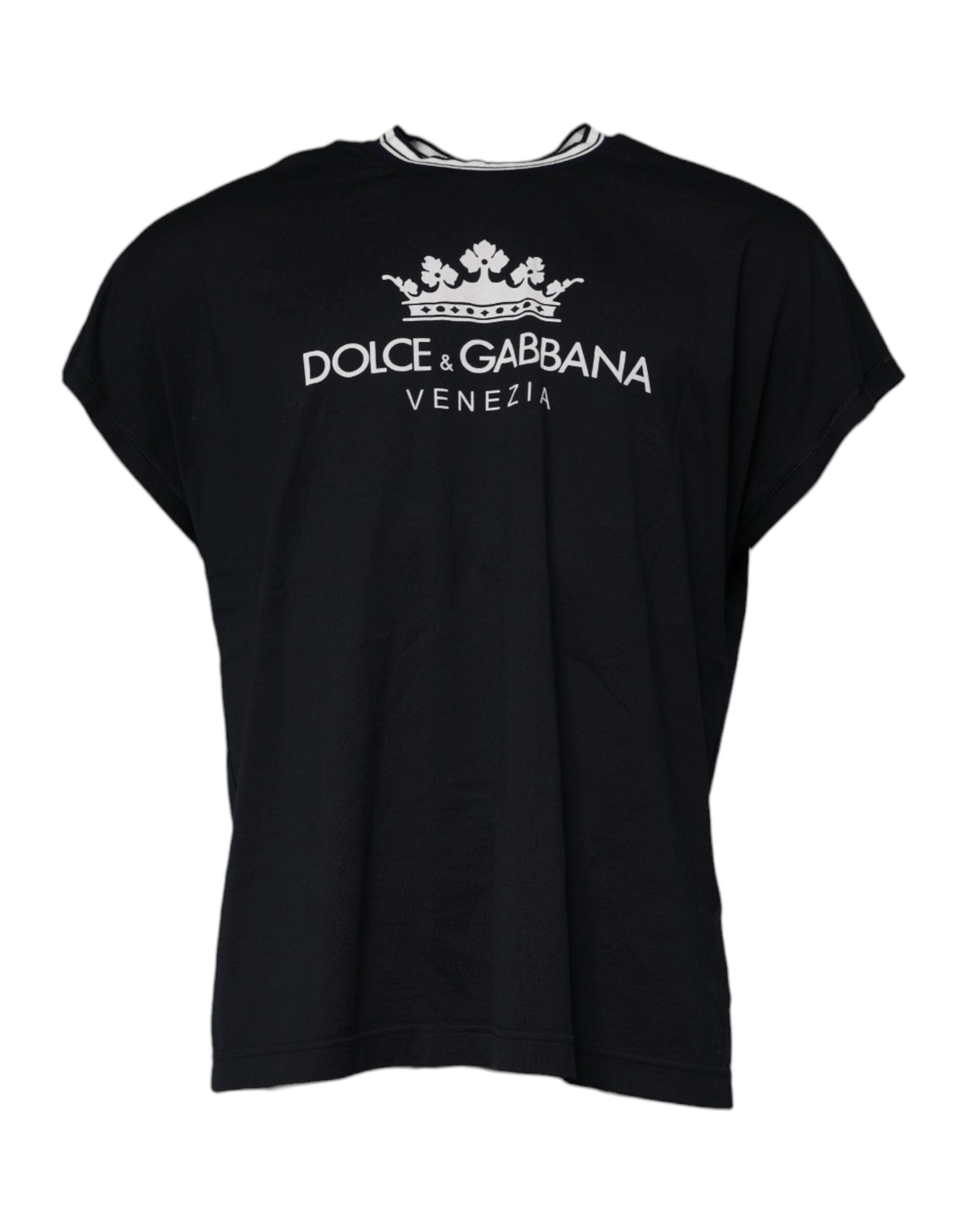 T-shirt à col rond Dolce & Gabbana en coton bleu foncé avec logo et couronne imprimés, vue de face.