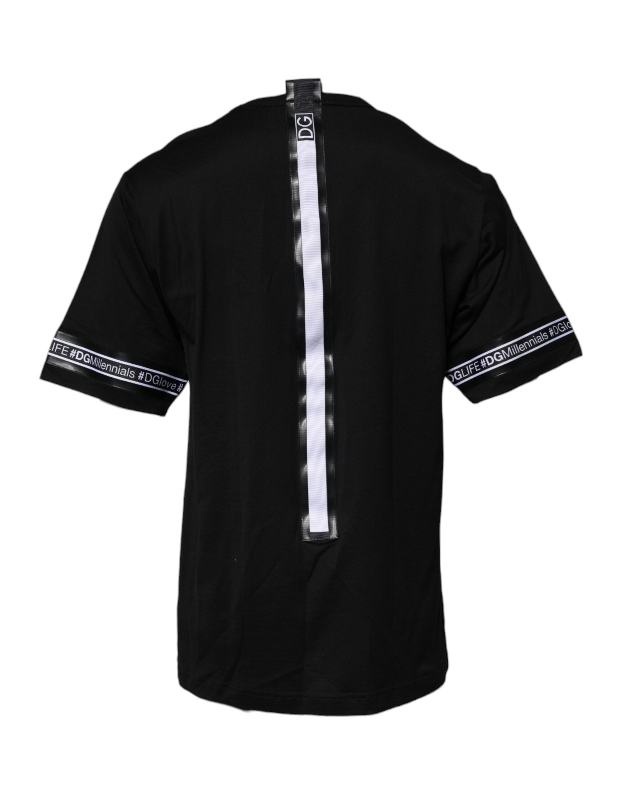 T-shirt noir Dolce & Gabbana DGMILLENNIALS en coton avec col rond, vue de face, détails visibles.