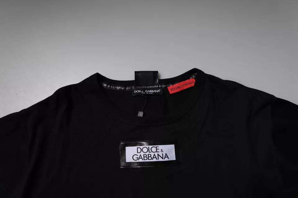 T-shirt en coton noir Dolce & Gabbana #DGMILLENNIALS avec col rond, vue de face, détail du logo.