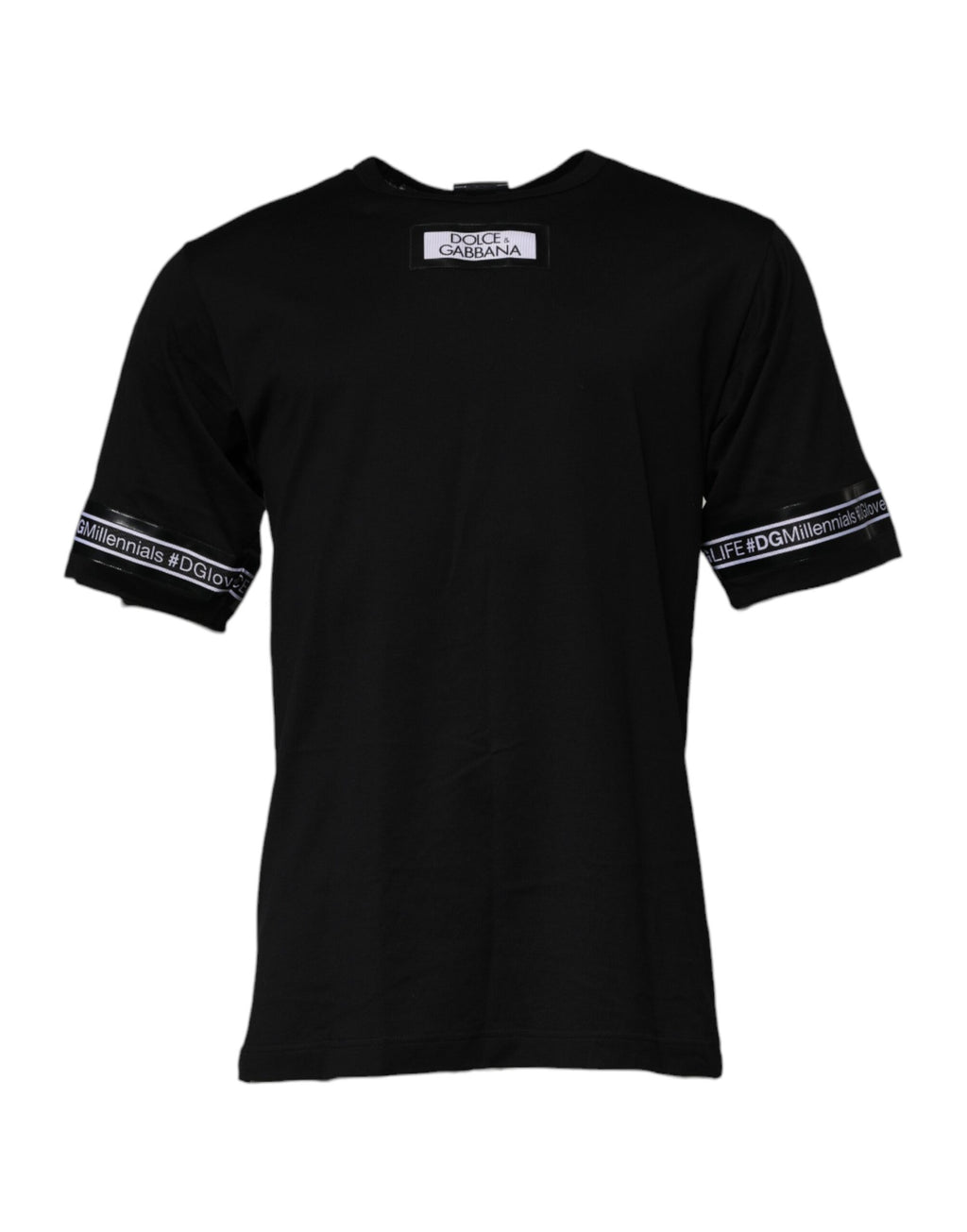 T-shirt en coton noir Dolce & Gabbana #DGMILLENNIALS avec col rond, visible en gros plan sur un fond neutre.