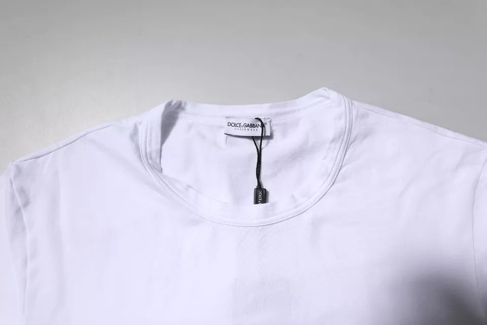 T-shirt blanc en coton extensible Dolce & Gabbana avec col rond, vue de face, détail du tissu doux et confortable.