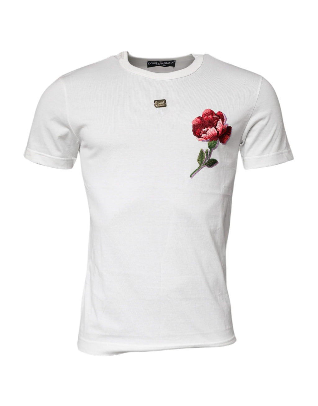 T-shirt blanc en coton Dolce & Gabbana avec logo floral et col rond, détails visibles sur l'image.