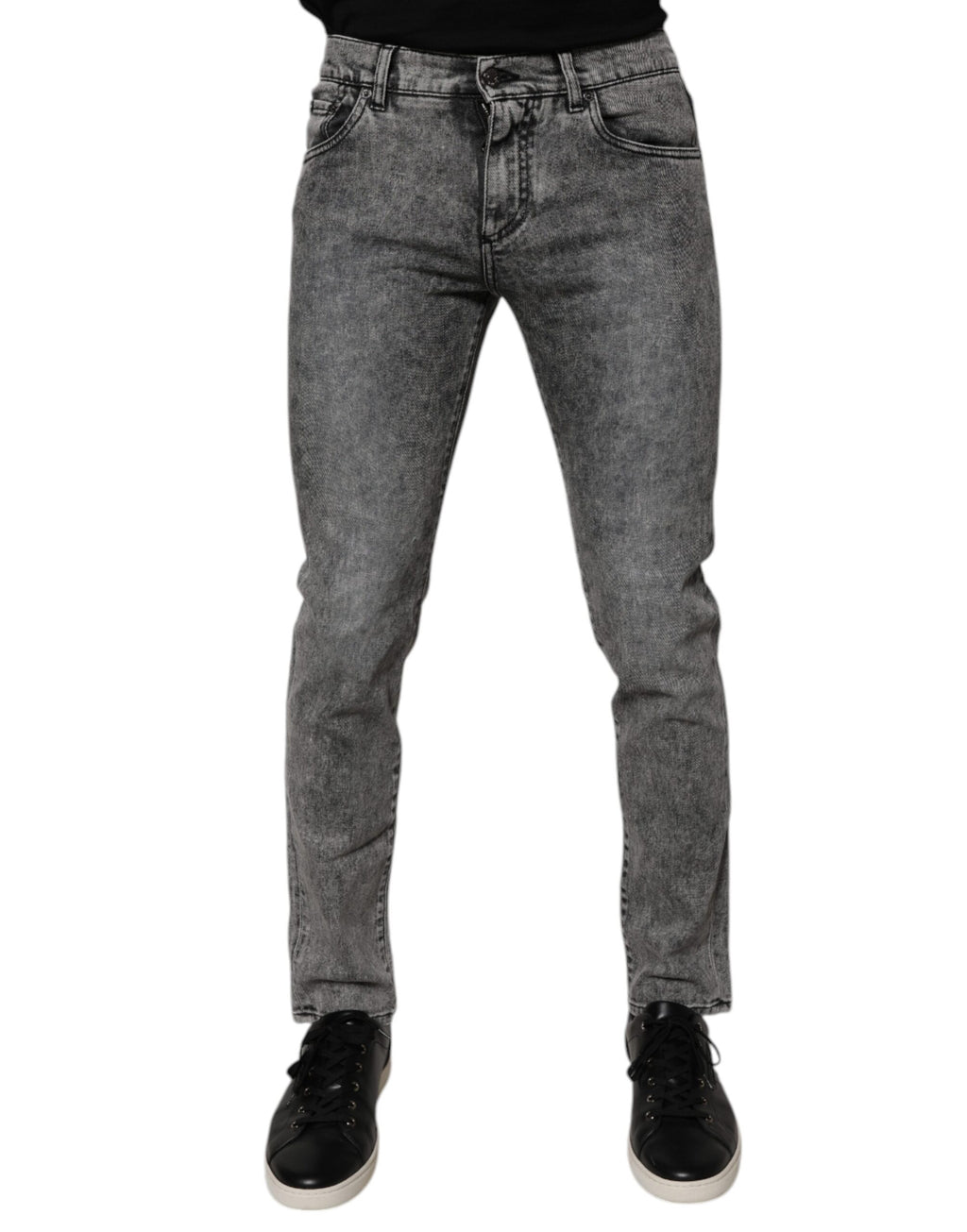 Jeans slim en denim gris foncé en coton délavé de Dolce & Gabbana, visible avec poches et fermeture éclair.