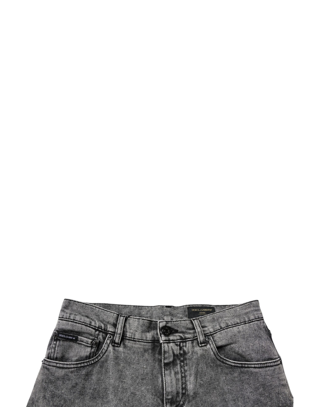 Jeans slim en denim gris foncé délavé Dolce & Gabbana, coupe ajustée, avec ceinture et poches visibles.