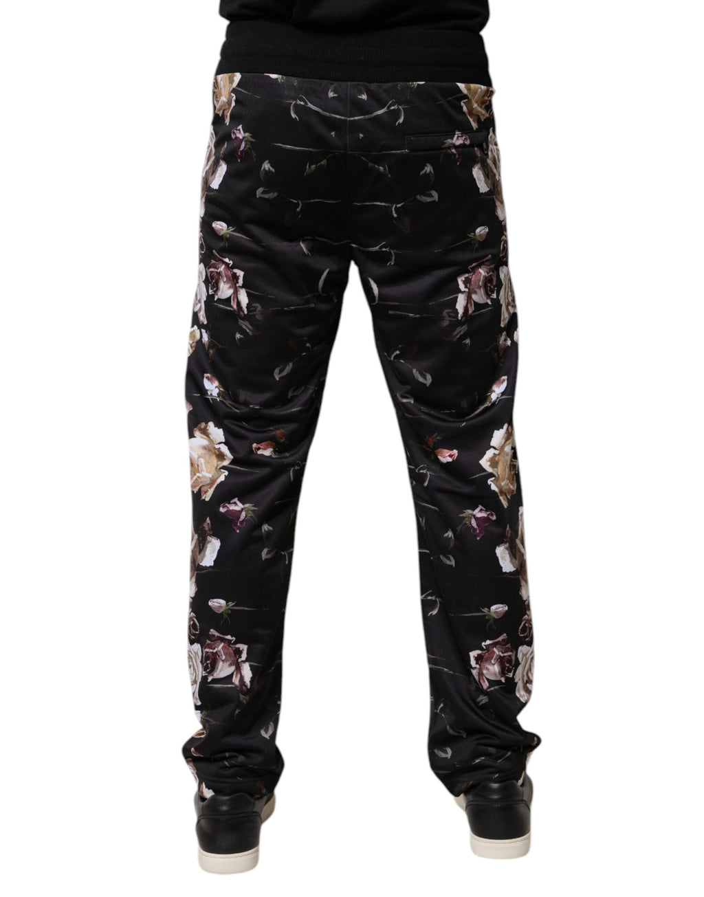 Pantalons joggers en polyester noir à fleurs Dolce & Gabbana, décontractés et élégants, avec ceinture élastique et poches.