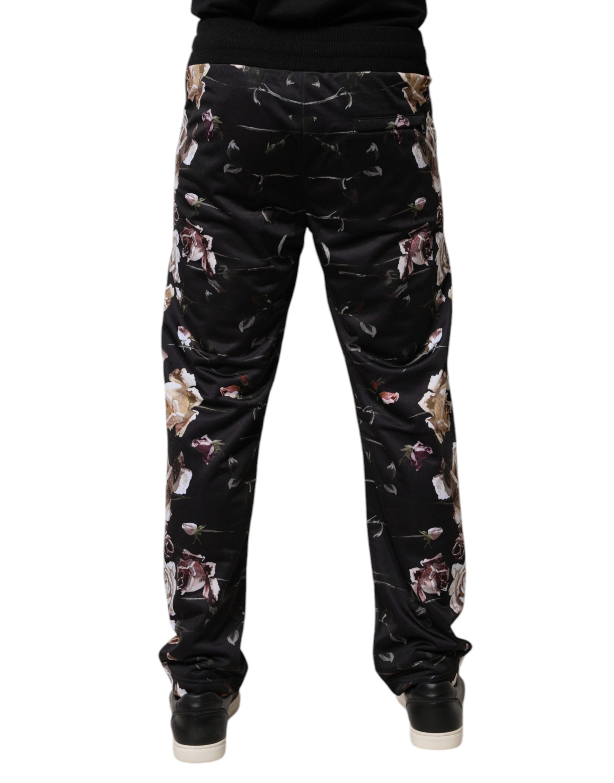 Pantalons joggers en polyester noir à fleurs Dolce & Gabbana, décontractés et élégants, avec ceinture élastique et poches.