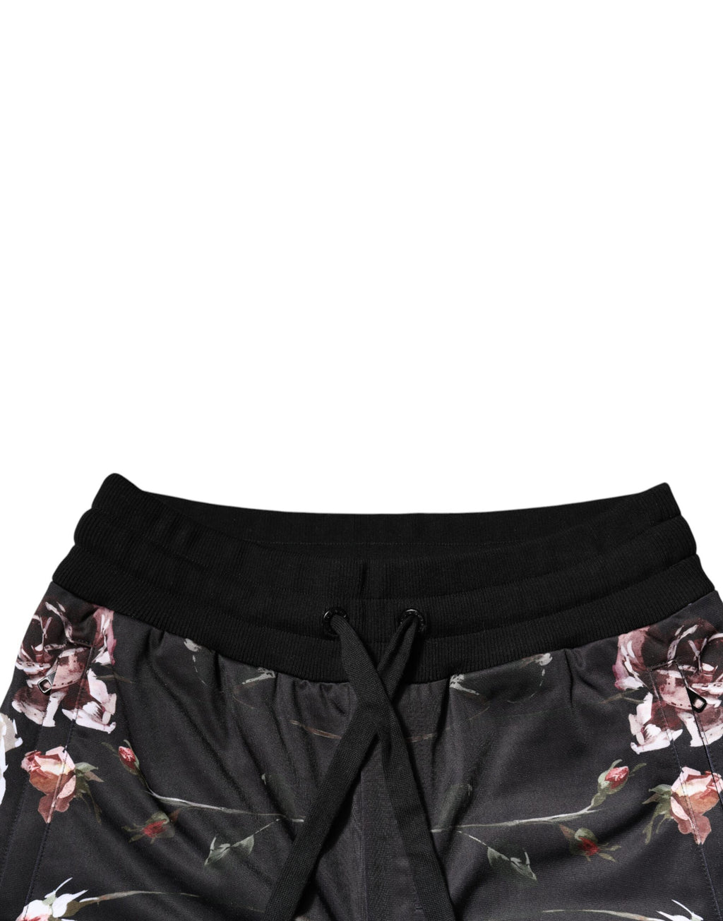 Pantalons jogger en polyester noir à fleurs Dolce & Gabbana, décontractés avec taille élastique et poches latérales.