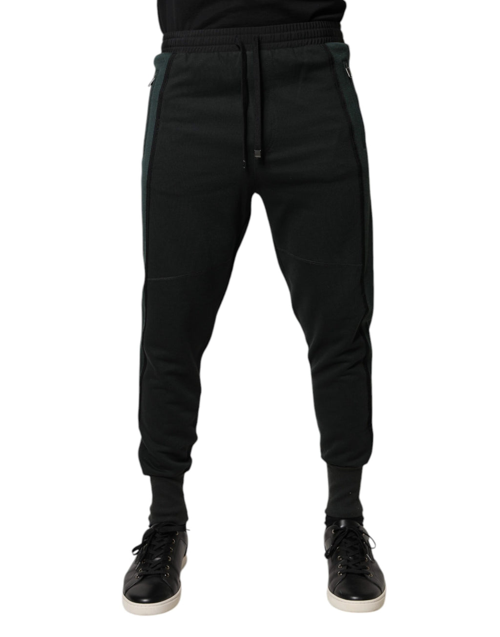 Pantalon de jogging Dolce & Gabbana en coton mélangé noir avec poche latérale et taille élastique, vue de face.
