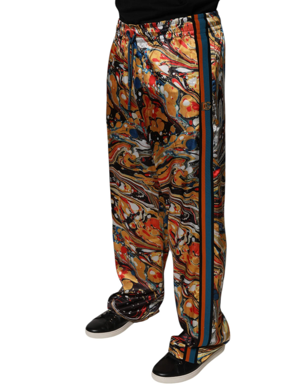 Pantalon de jogging homme Dolce & Gabbana en satin multicolore avec motif marbre, style décontracté et élégant.