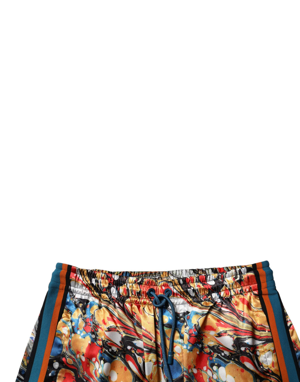 Pantalon de jogging pour homme Dolce & Gabbana en satin multicolore avec motif marbre, style décontracté et élégant.